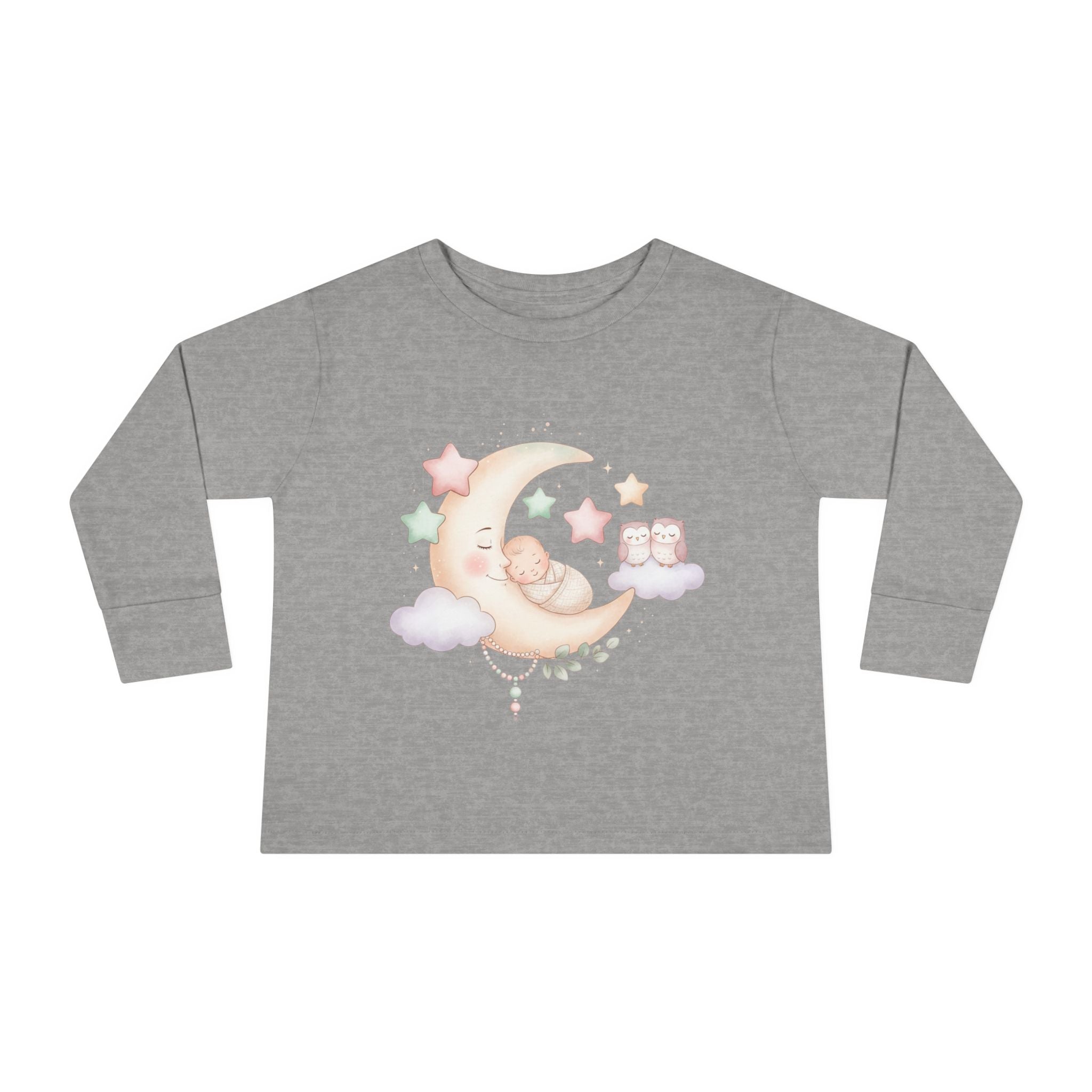 Baby Moon & Owl Toddler Long Sleeve Tee – Pastel Sleepy Moon Nursery Shirt | Cozy Toddler Pajama Style Tee