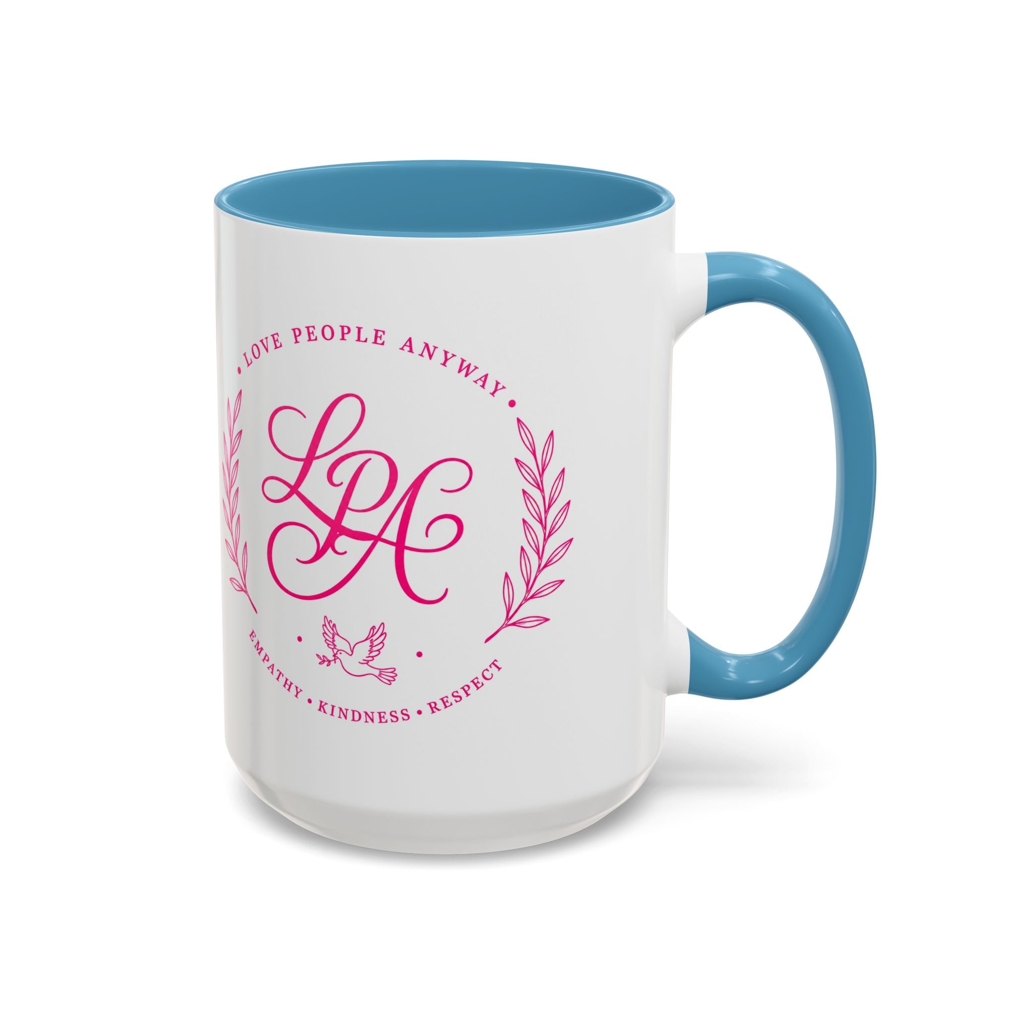 Love People Anyway Coffee Mug | Inspirational Pink Monogram Mug | Faith Freedom Creations