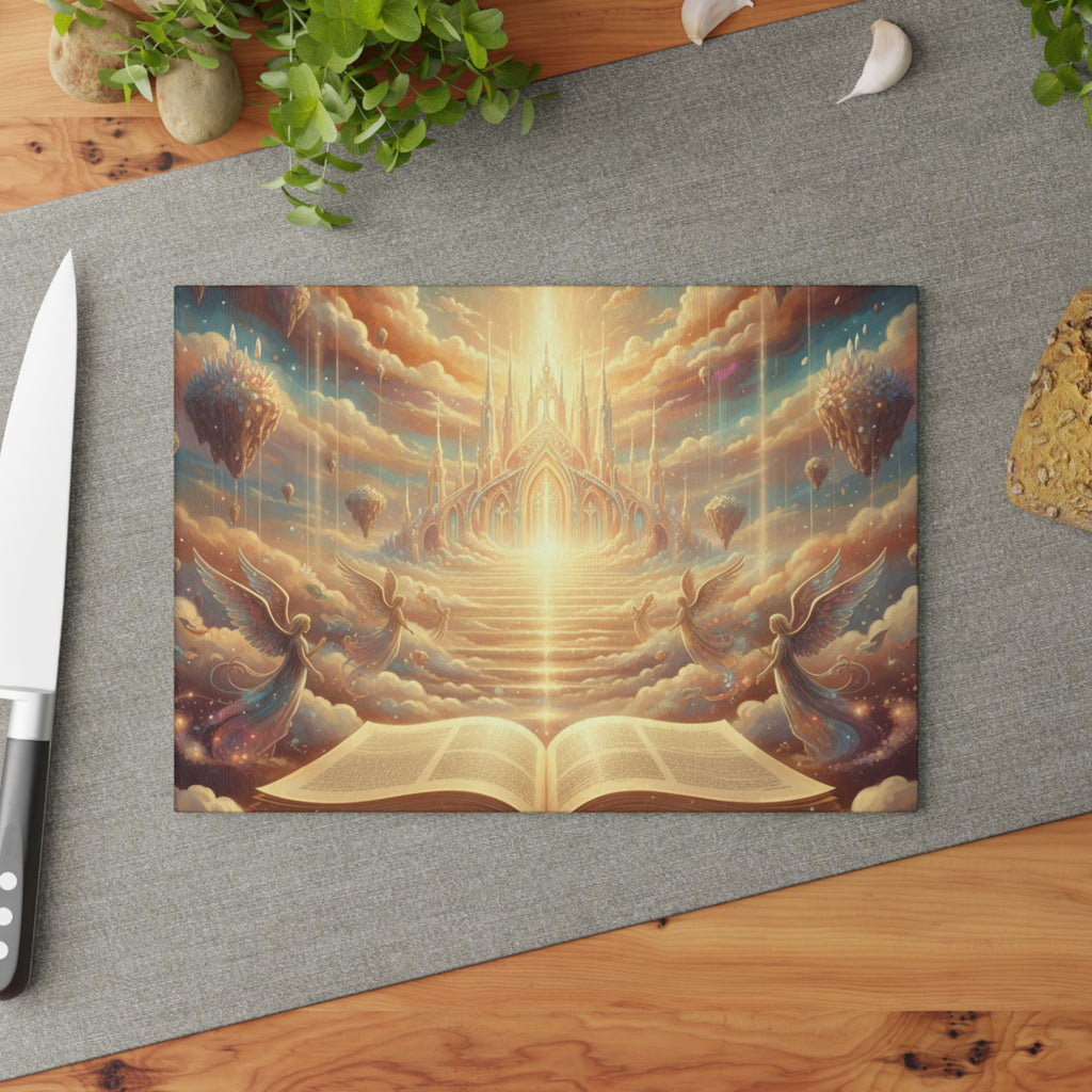 Heavenly Cathedral Glass Cutting Board – Angel & Open Book Christian Kitchen Decor | Inspirational Faith Kitchen Art