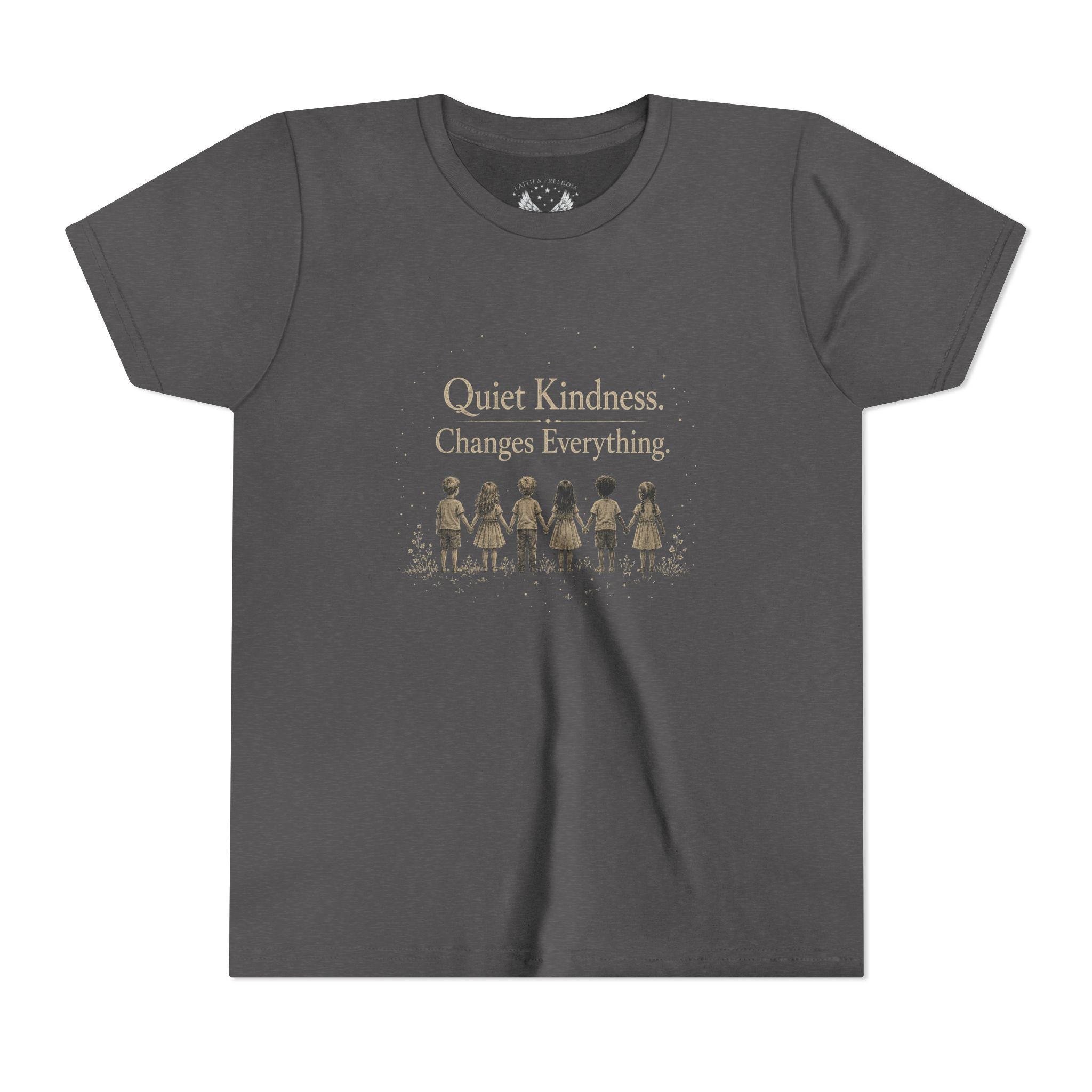 Youth “Quiet Kindness Changes Everything” Tee – Kids Inspirational T-Shirt with Earth & Friends Graphic