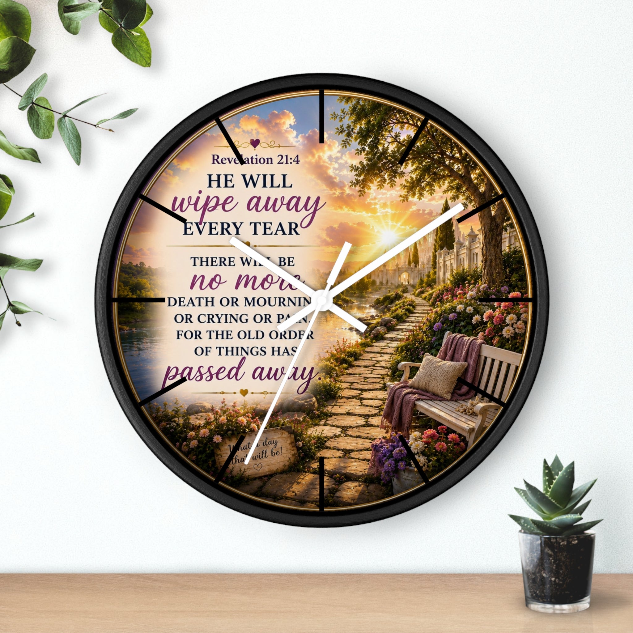 Inspirational Christian wall clock featuring a peaceful lakeside garden path, floral scenery, and Revelation 21:4 scripture in warm comforting tones.