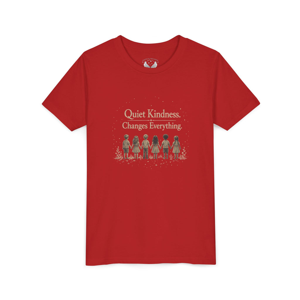 Youth “Quiet Kindness Changes Everything” Tee – Kids Inspirational T-Shirt with Earth & Friends Graphic