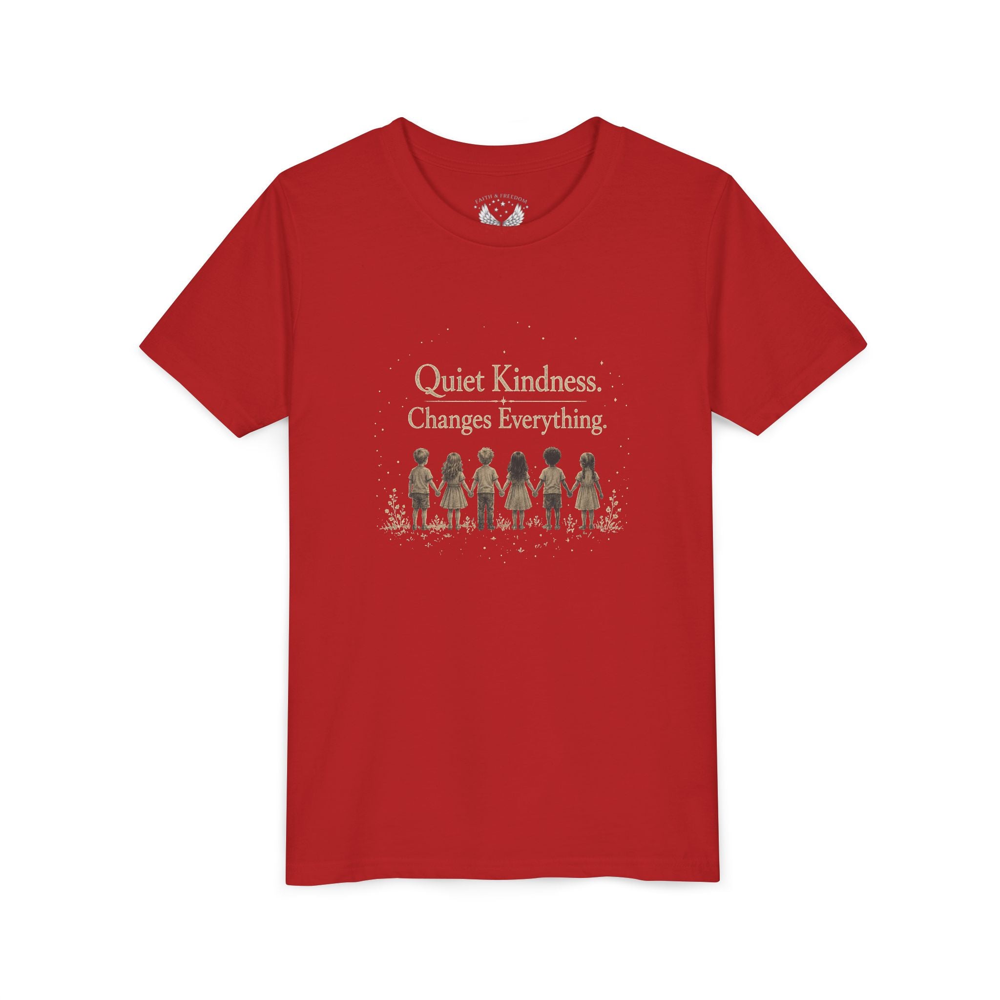 Youth “Quiet Kindness Changes Everything” Tee – Kids Inspirational T-Shirt with Earth & Friends Graphic