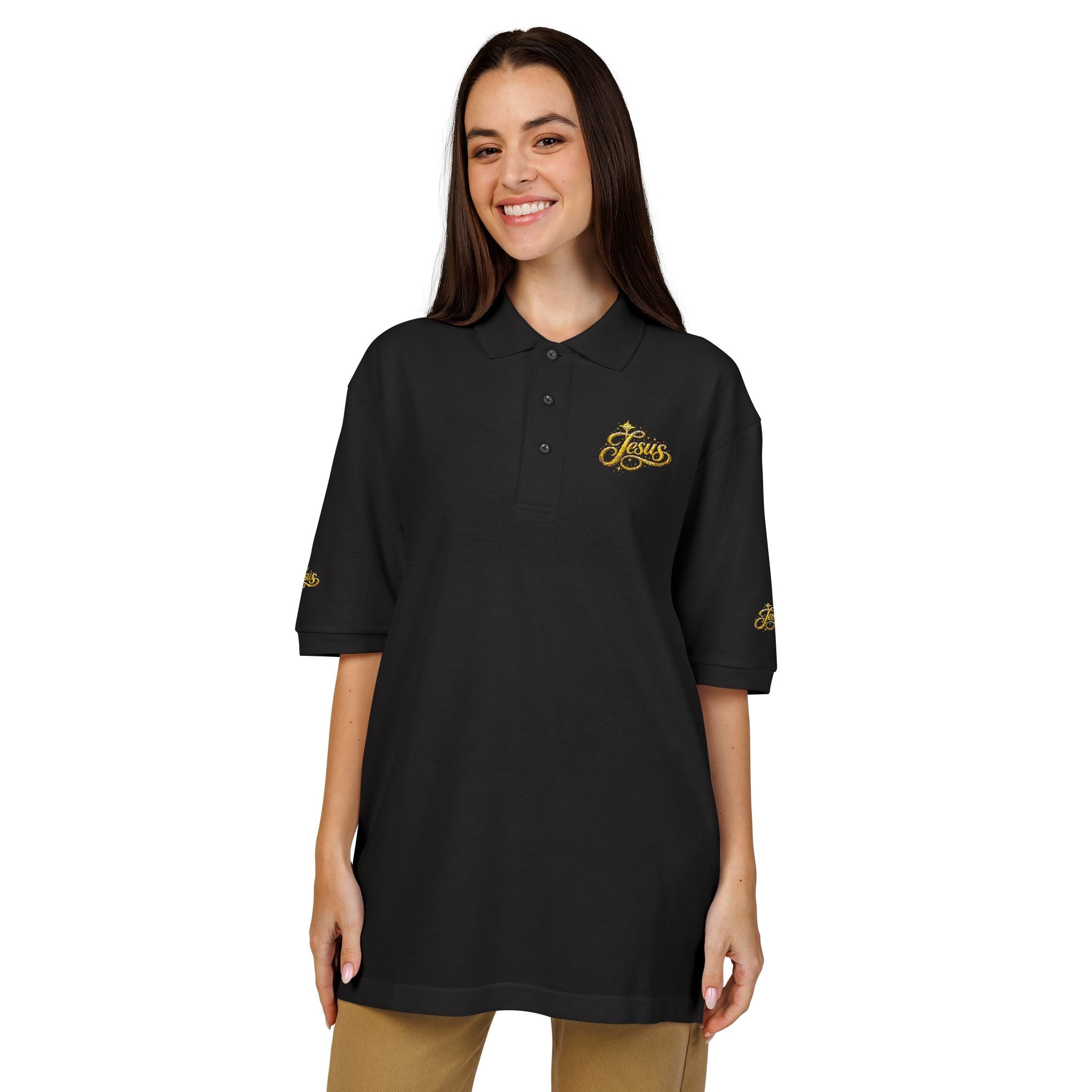 Jesus Gold Fleur Embroidered Polo – Christian Faith Collared Shirt | Elegant Unisex Church Polo