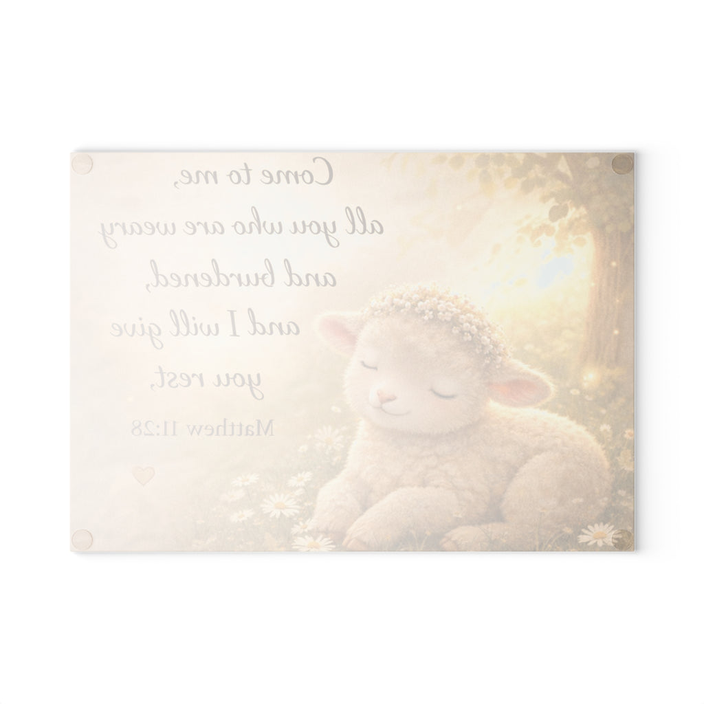 Matthew 11:28 Lamb Glass Cutting Board – Christian Faith Kitchen Decor | Inspirational Scripture Kitchen Board