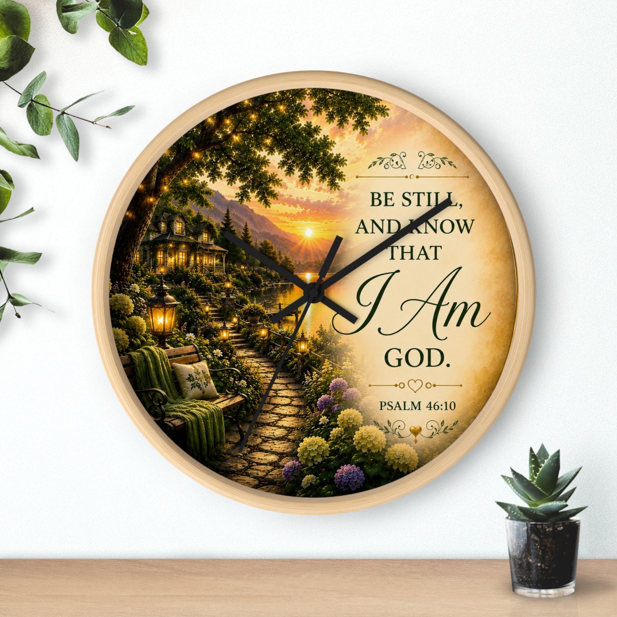 Inspirational Christian wall clock featuring a peaceful sunset garden scene with Psalm 46:10 scripture “Be Still and Know That I Am God” in warm glowing tones.