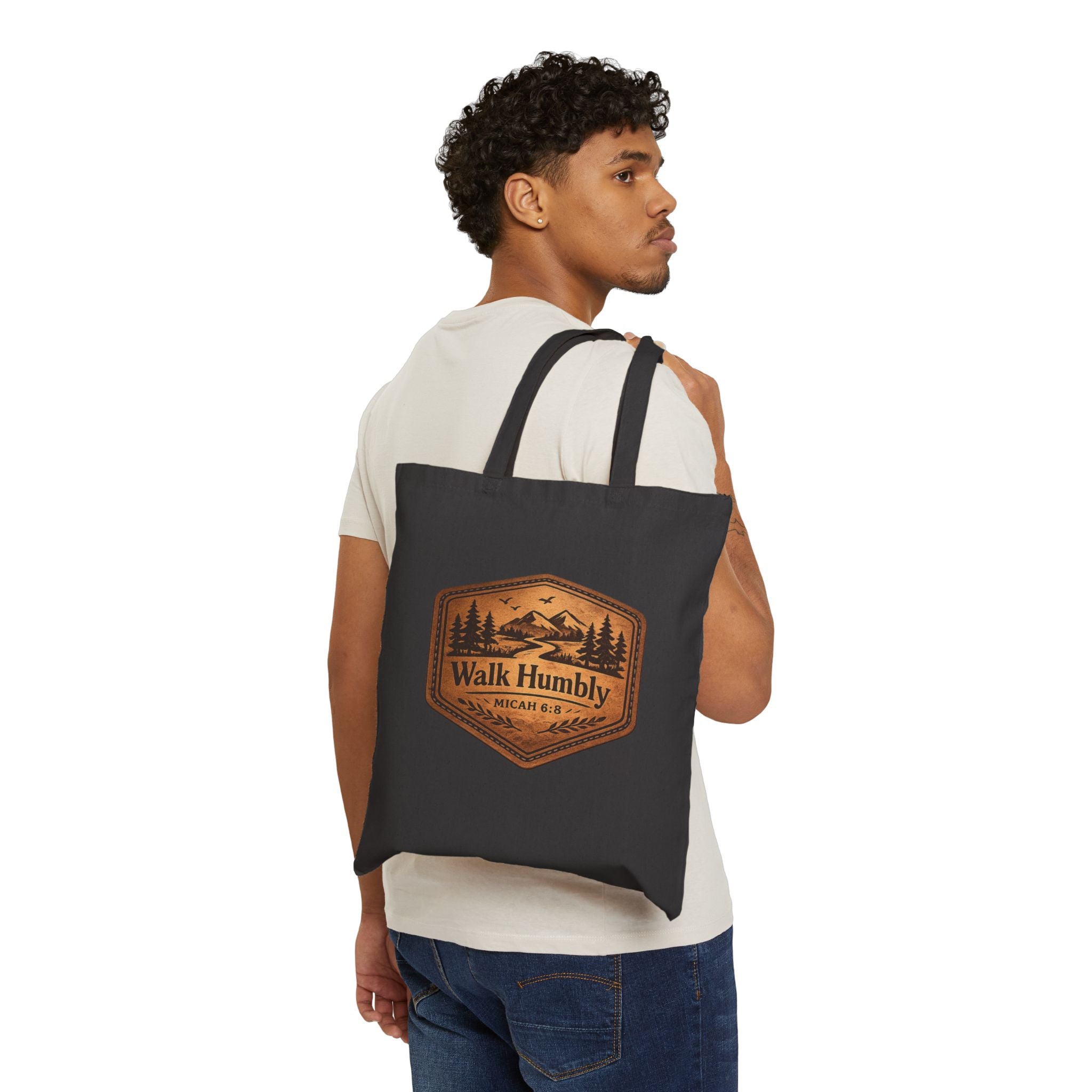 Walk Humbly Tote Bag | Micah 6:8 Christian Canvas Tote | Rustic Mountain Faith Tote