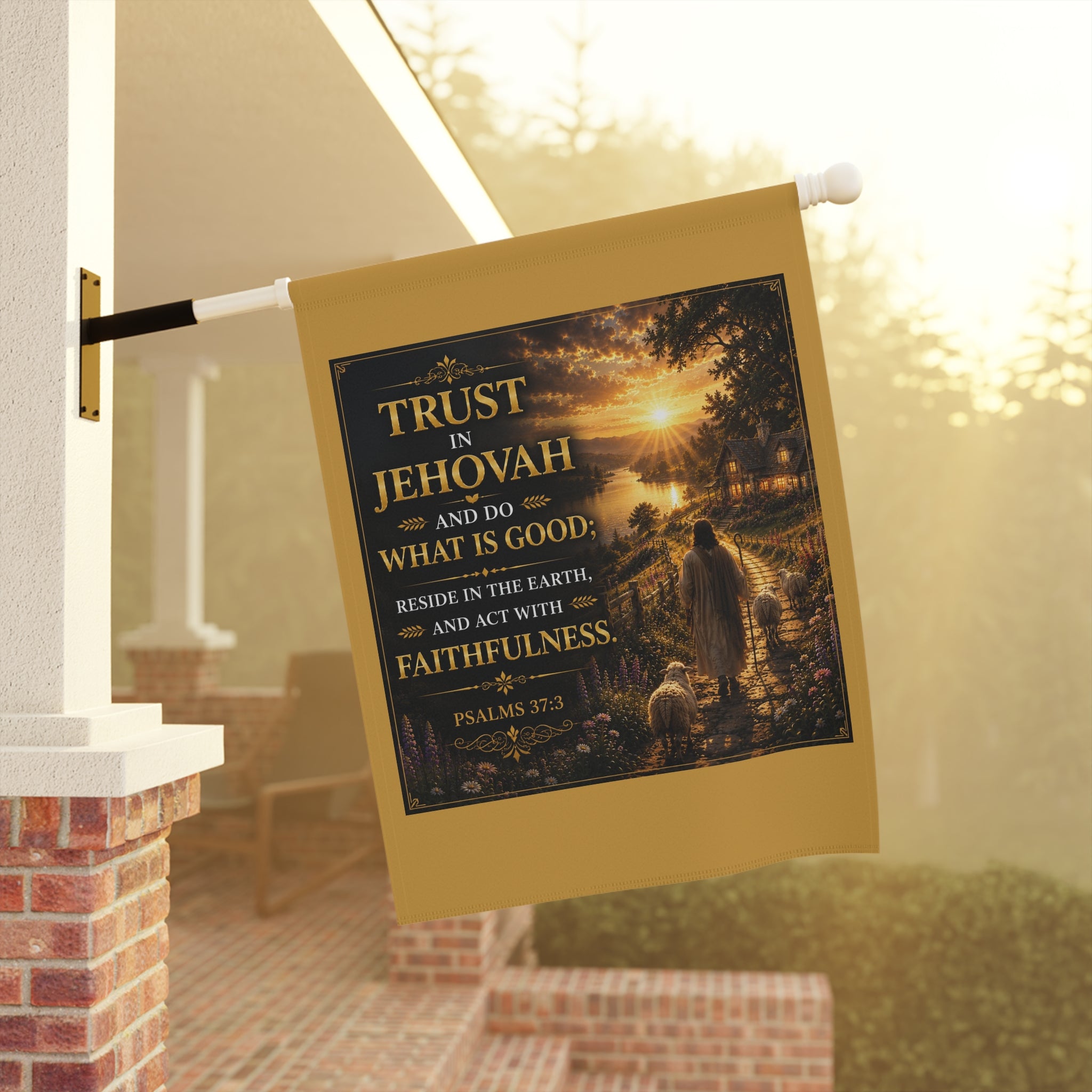 Inspirational Christian garden flag featuring a warm sunset pastoral landscape with Psalms 37:3 “Trust in Jehovah” scripture artwork.