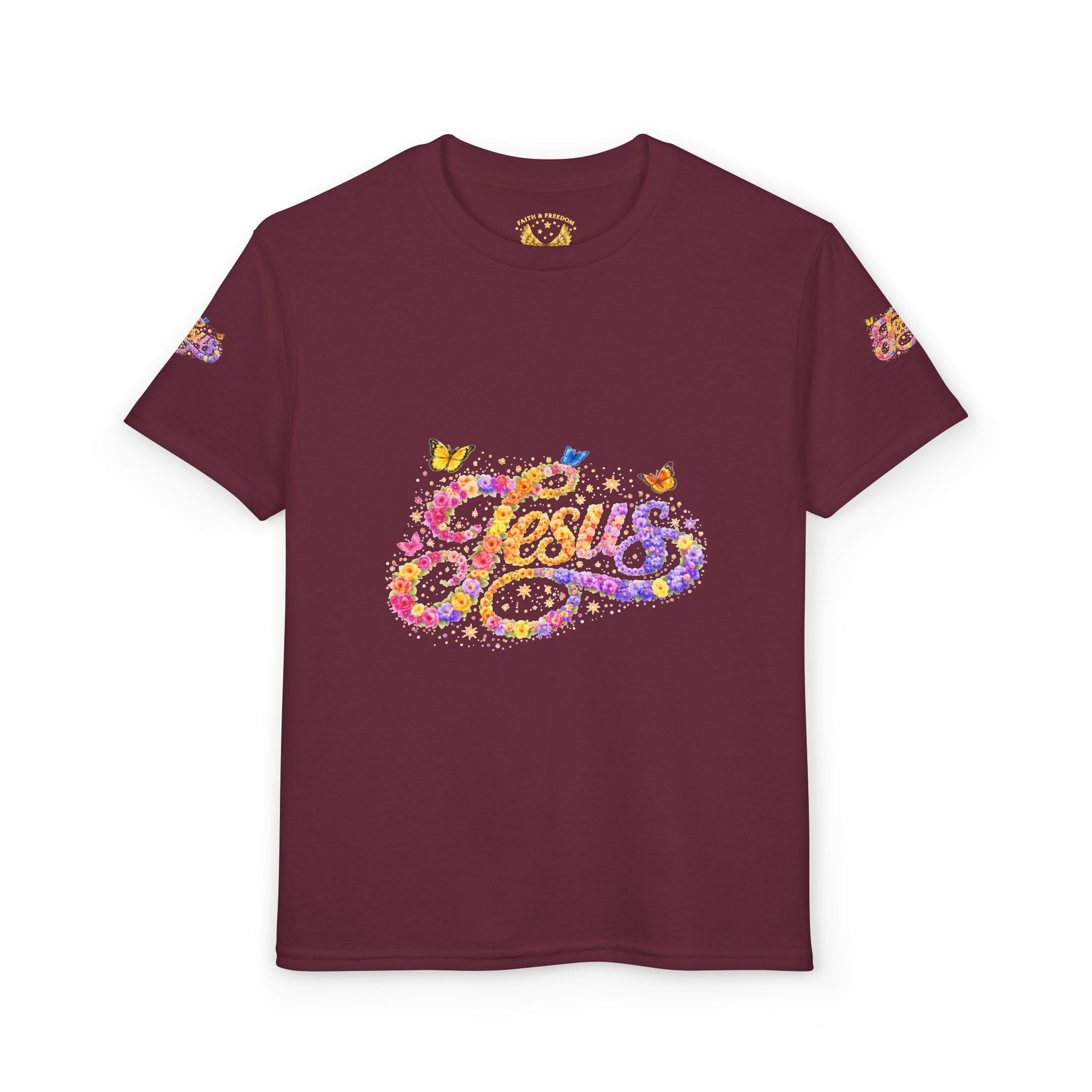 Youth Jesus Floral Butterfly T-Shirt – Christian Kids Faith Tee | Gratitude Sneaker Style Shirt