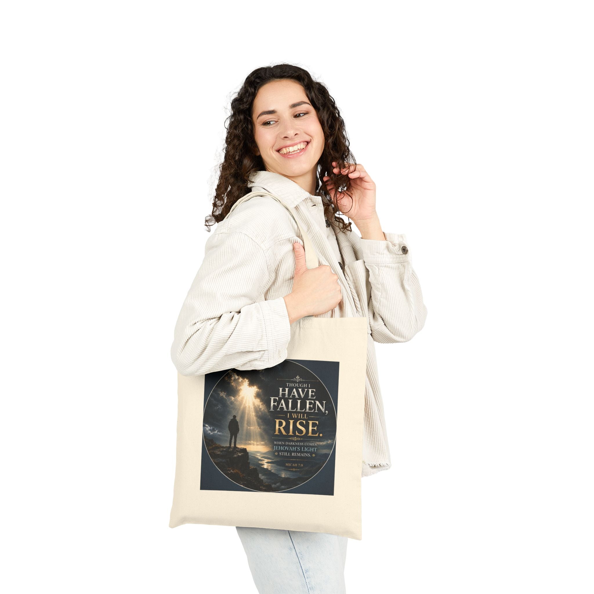Though I Have Fallen, I Will Rise Tote Bag | Micah 7:8 Christian Canvas Tote