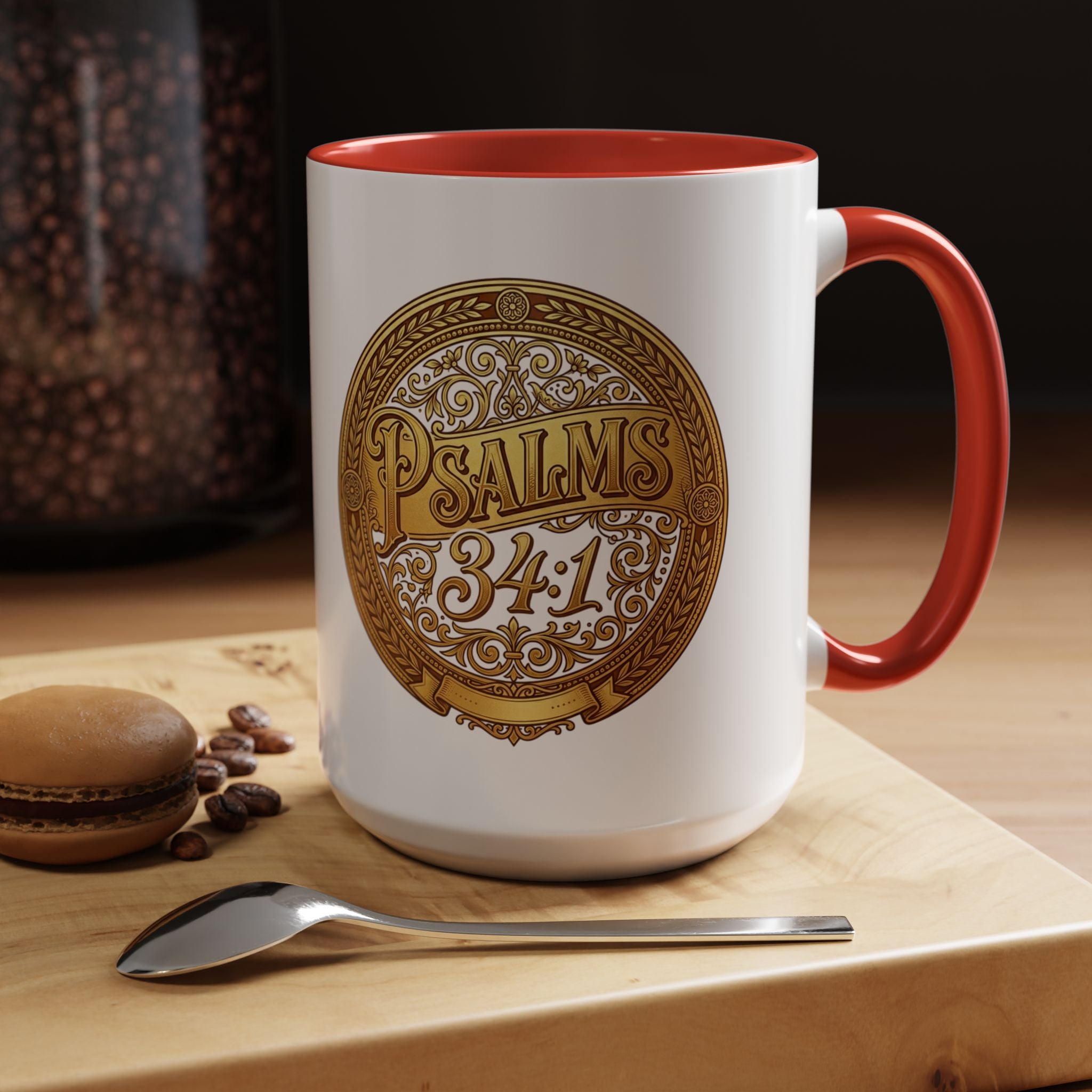 Inspirational Christian ceramic accent coffee mug featuring Psalm 34:1 in an ornate gold medallion design with colorful handle and interior accents.