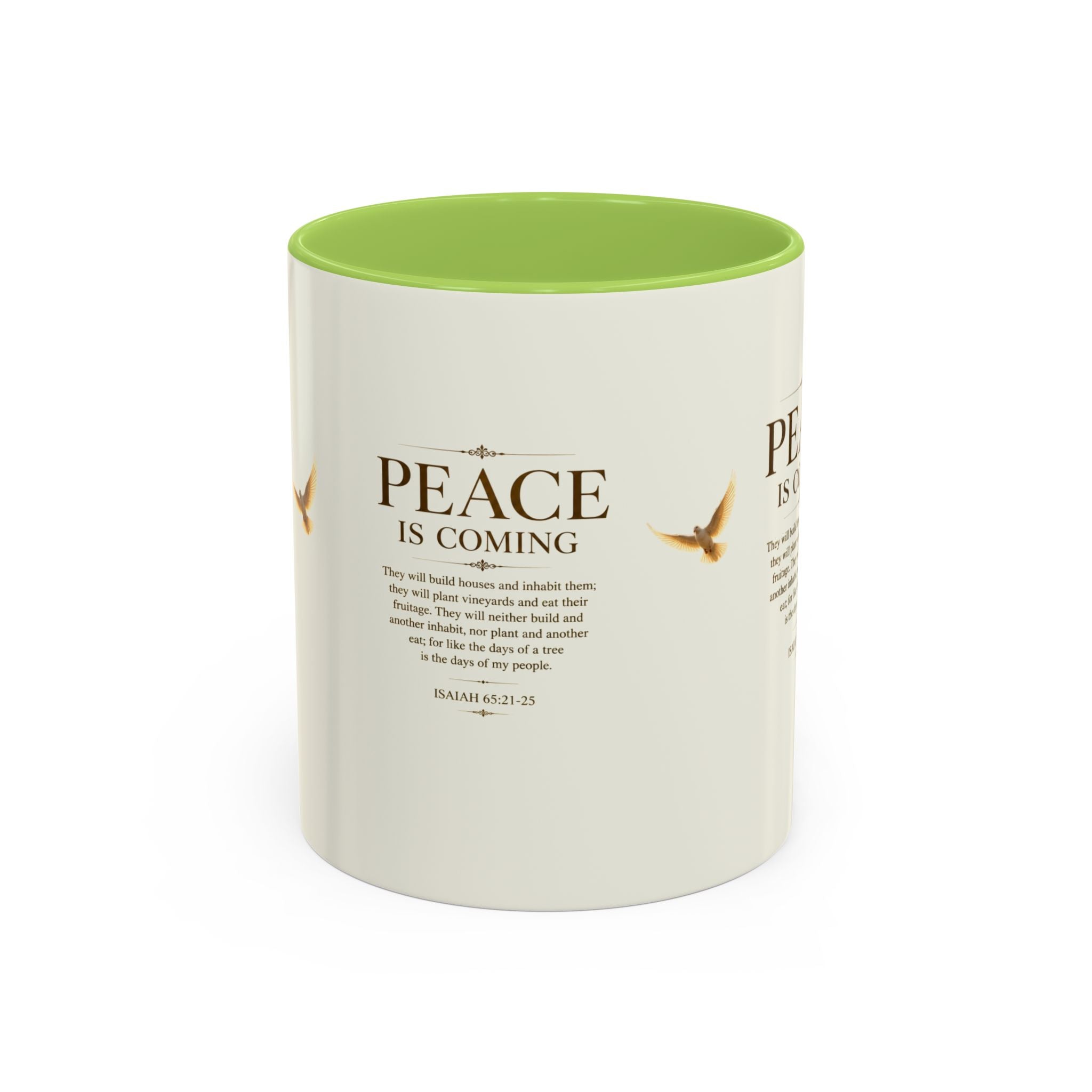 Peace Is Coming Accent Coffee Mug | Isaiah 65:21-25 Christian Mug | Inspirational Faith Gift