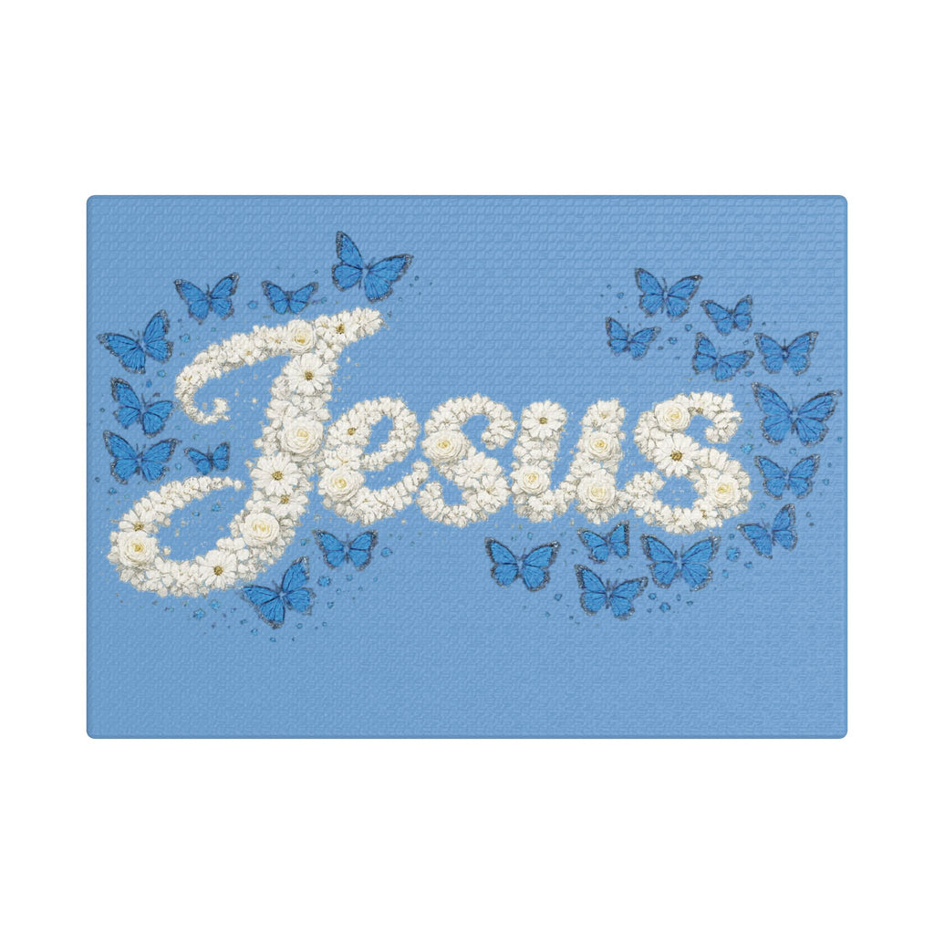 Jesus Floral Blue Butterfly Canvas Wall Art – Christian Satin Faith Print | Inspirational Home Decor