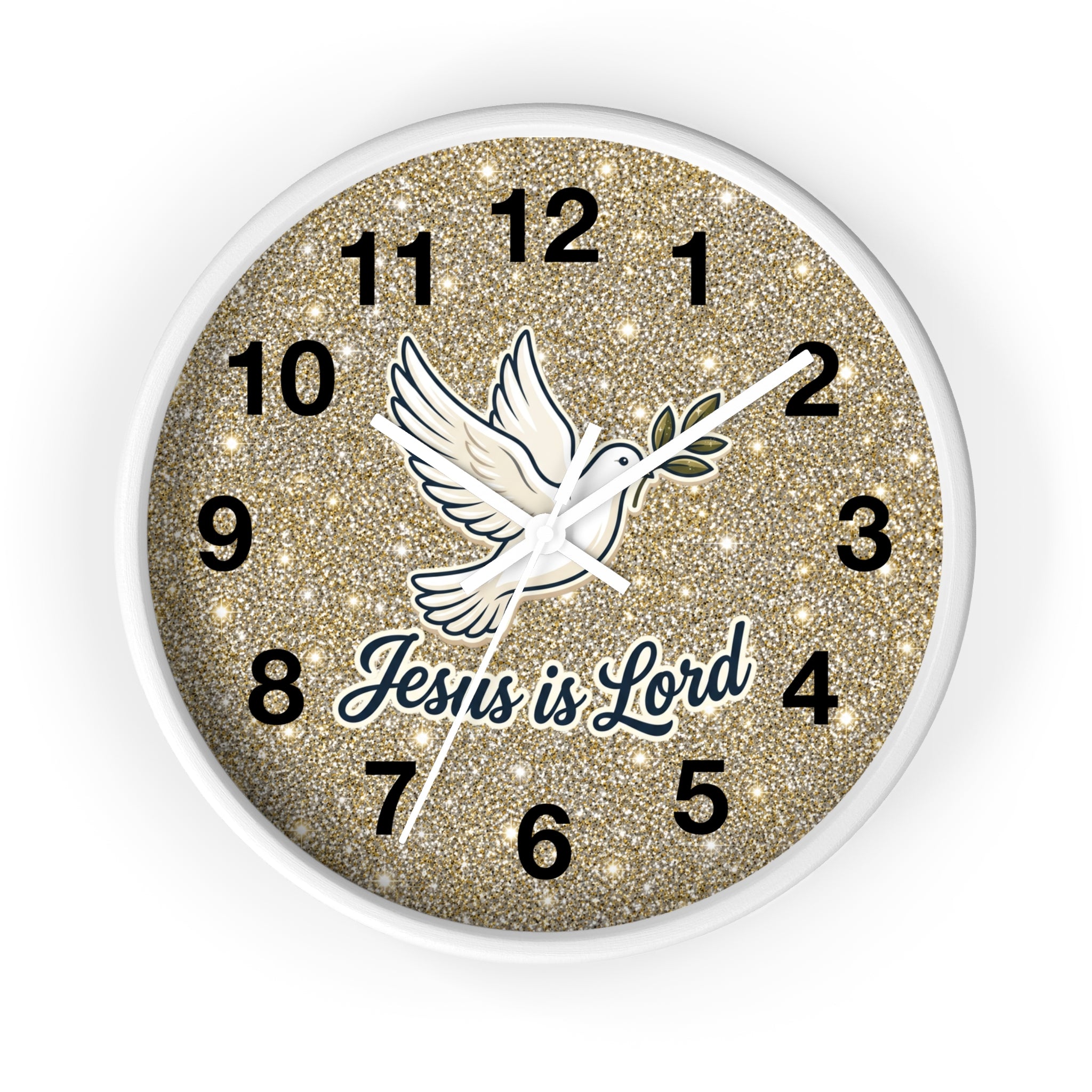 Round Christian wall clock featuring a white dove carrying an olive branch above the words "Jesus Is Lord" on a warm gold shimmer background with a wood frame and silent quartz movement.