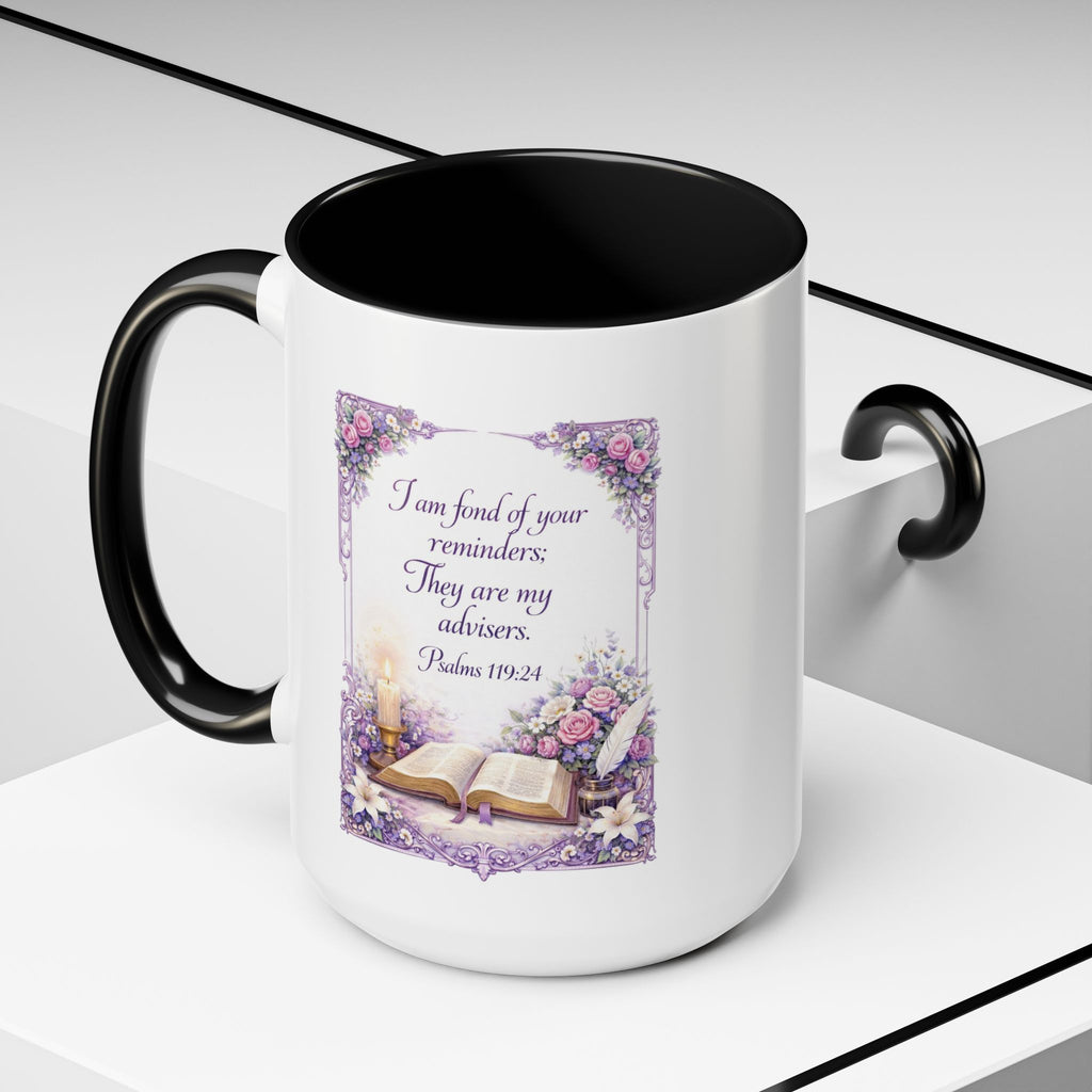 Inspirational Christian ceramic accent coffee mug featuring Psalm 119:24, delicate floral artwork, and the message “I am fond of your reminders” with colorful handle and interior accents.