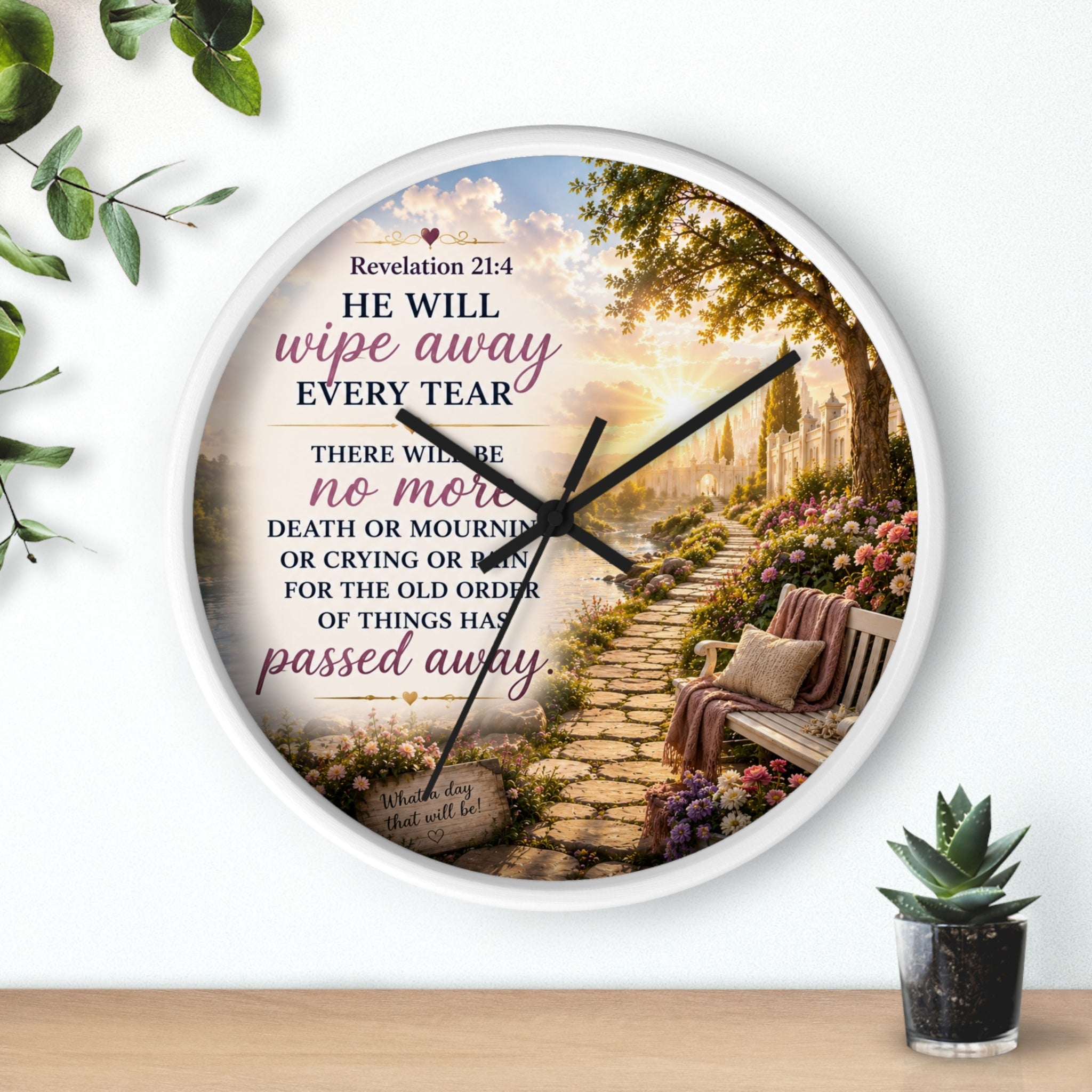 Revelation 21:4 Wall Clock | Christian Prayer Garden Decor | Inspirational Silent Wall Clock