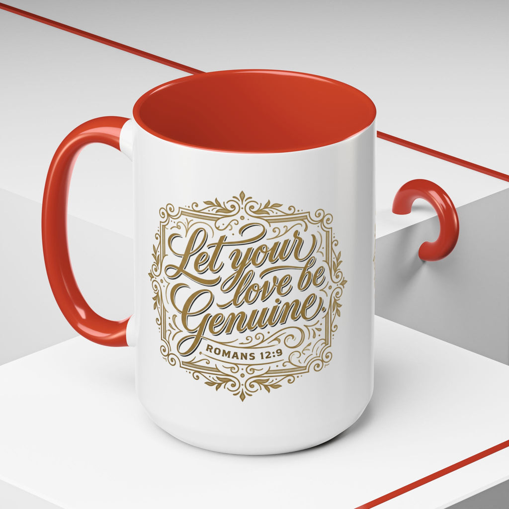 Inspirational ceramic accent coffee mug featuring Romans 12:9 and the message “Let Your Love Be Genuine” in elegant gold script with decorative flourishes and black accent handle and interior.