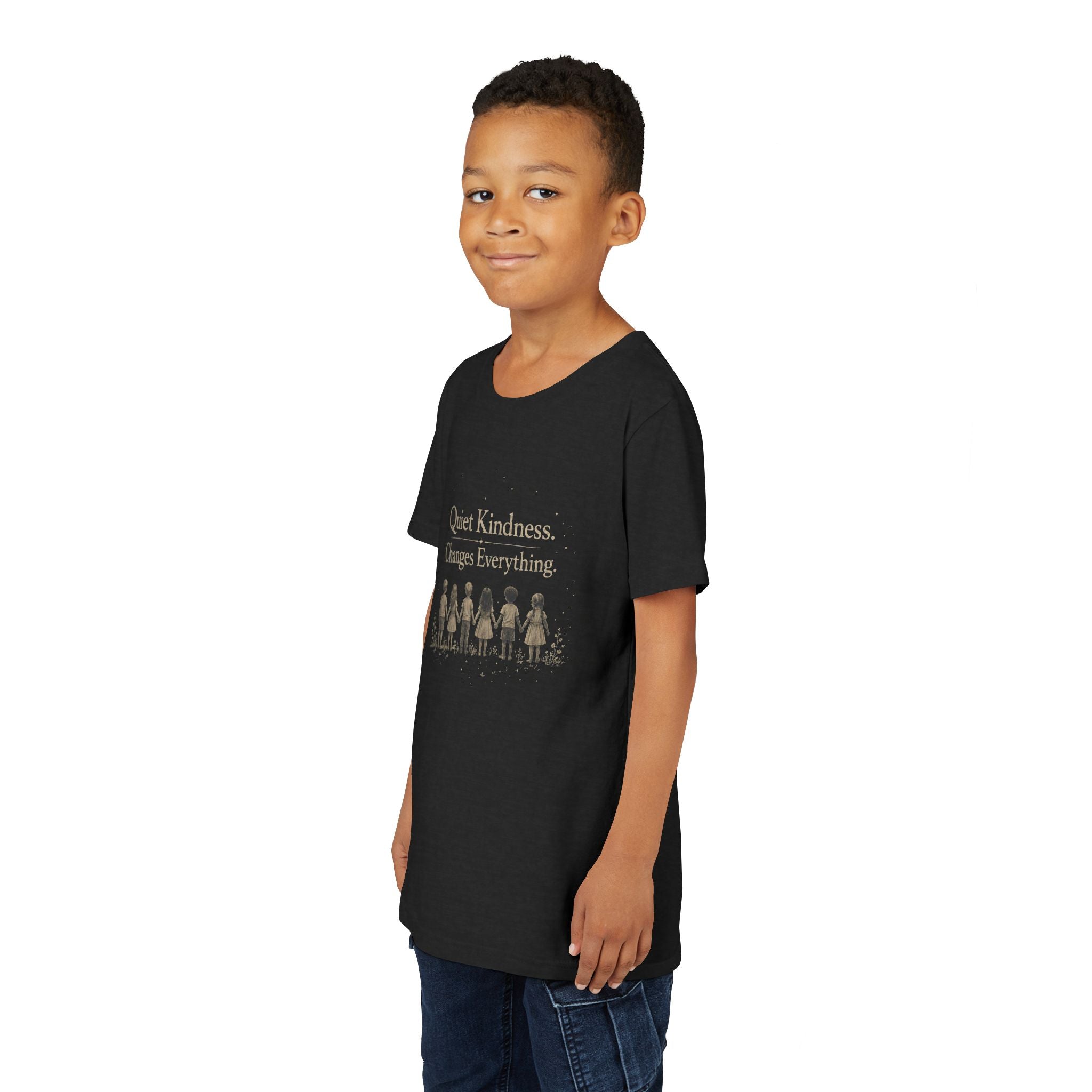 Youth “Quiet Kindness Changes Everything” Tee – Kids Inspirational T-Shirt with Earth & Friends Graphic