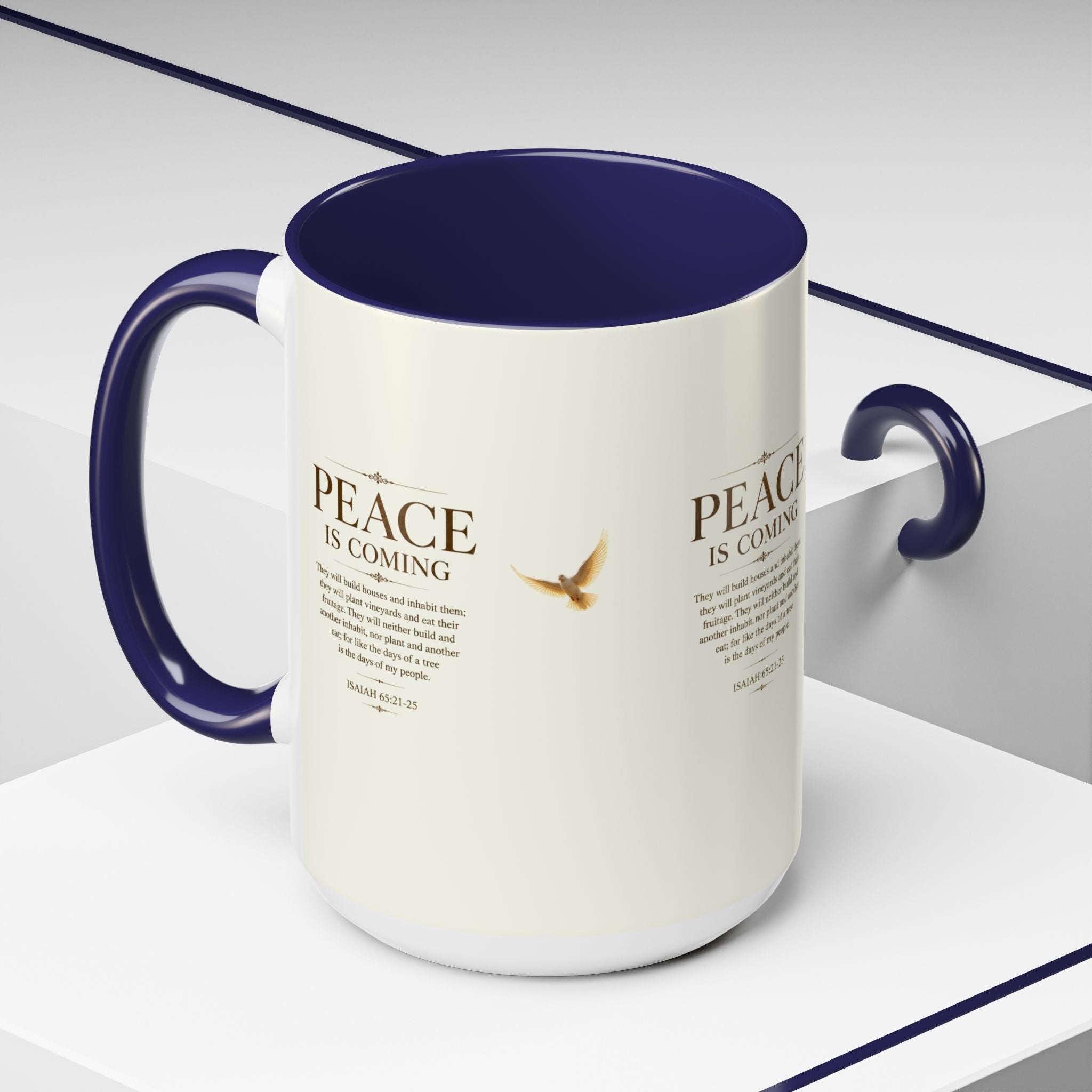 Inspirational Christian accent coffee mug featuring a peaceful dove and Isaiah 65:21-25 scripture with glossy finish and colorful handle and interior.