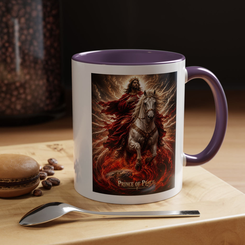 Inspirational Christian coffee mug featuring Jesus riding a white horse surrounded by radiant heavenly light with Prince of Peace artwork and colorful accent handle and interior.