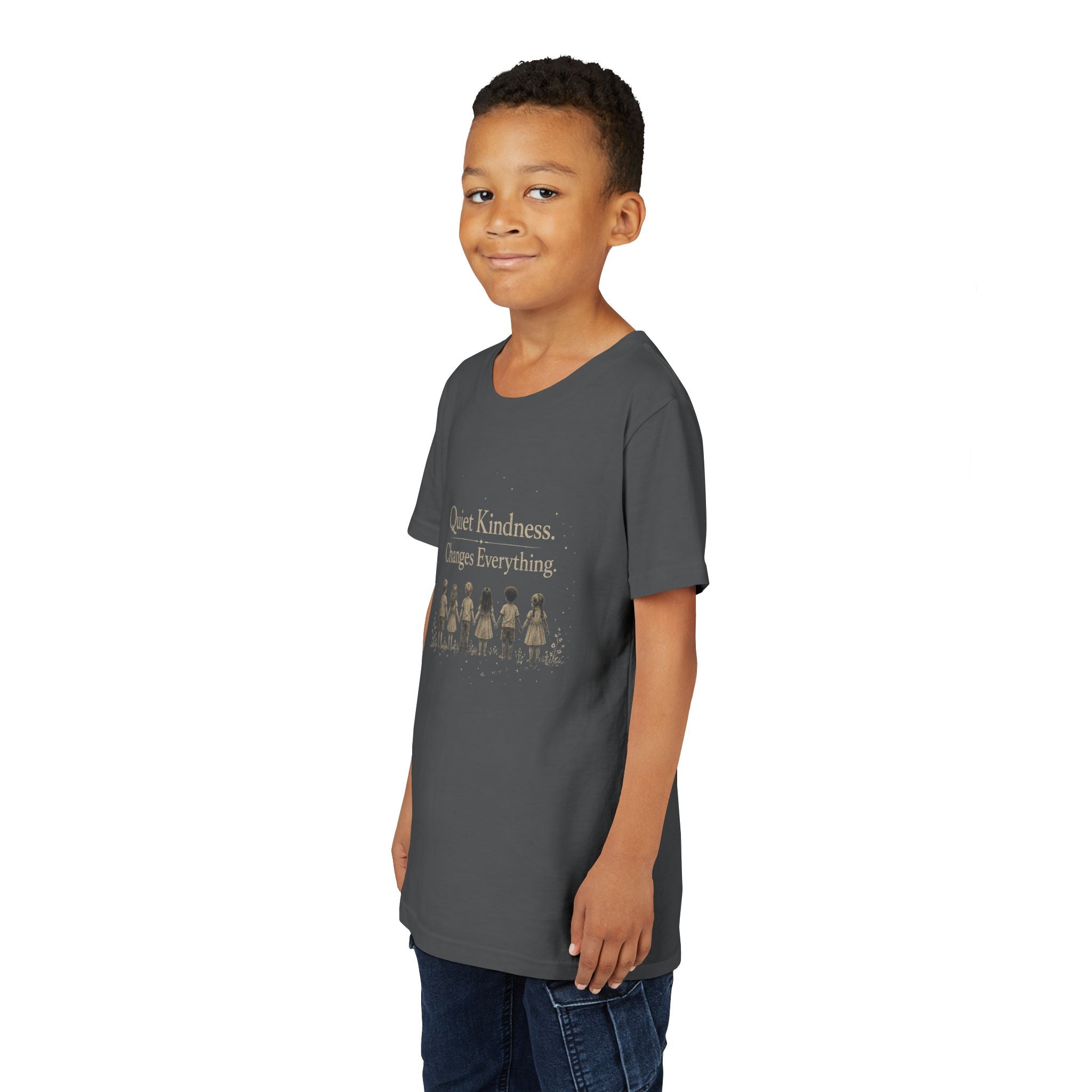 Youth “Quiet Kindness Changes Everything” Tee – Kids Inspirational T-Shirt with Earth & Friends Graphic