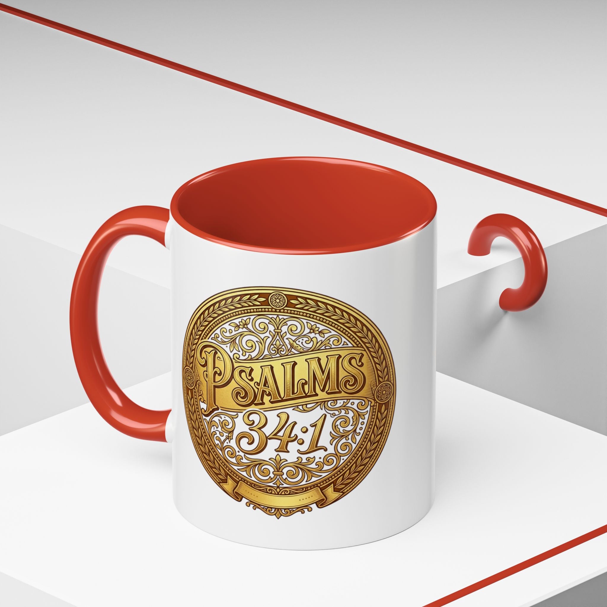 Inspirational Christian ceramic accent coffee mug featuring Psalm 34:1 in an ornate gold medallion design with colorful handle and interior accents.