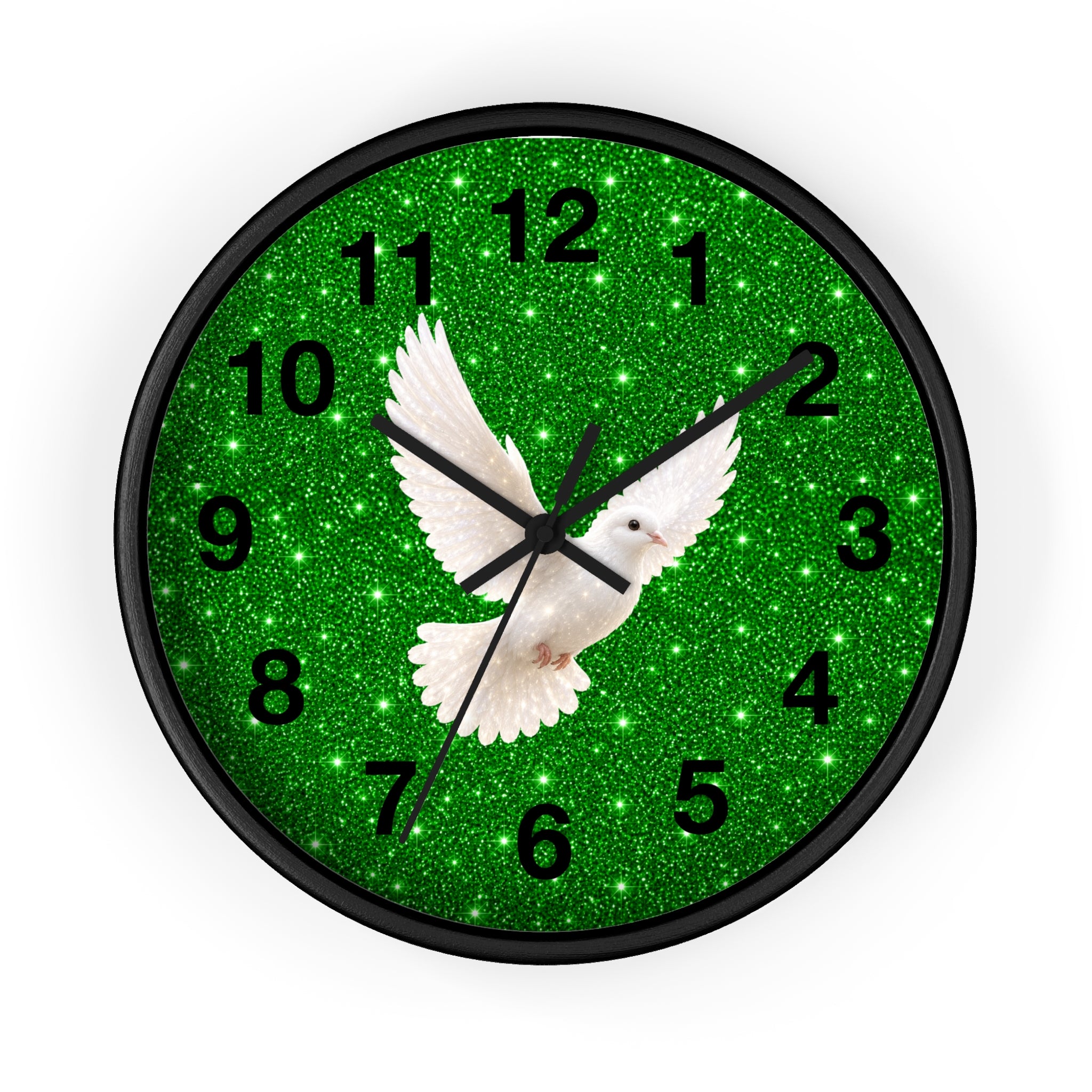 Round wall clock featuring a graceful white dove soaring across a sparkling emerald green background with a wood frame, plexiglass face, and silent quartz movement.