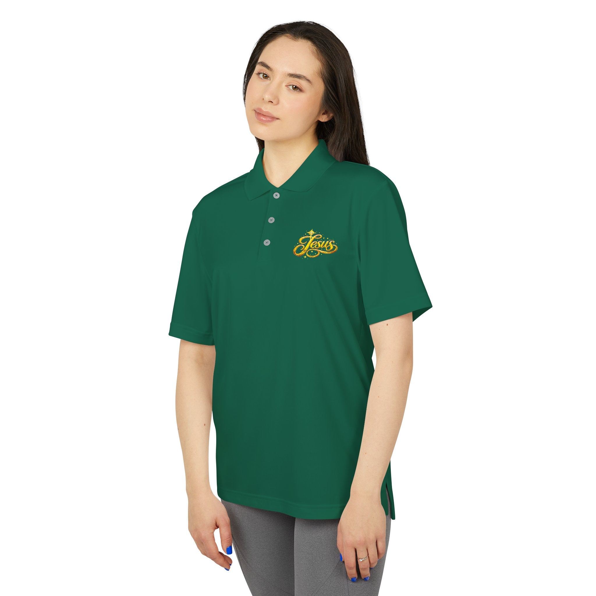'Jesus' Script Embroidered Polo — Gold Faith Golf Shirt