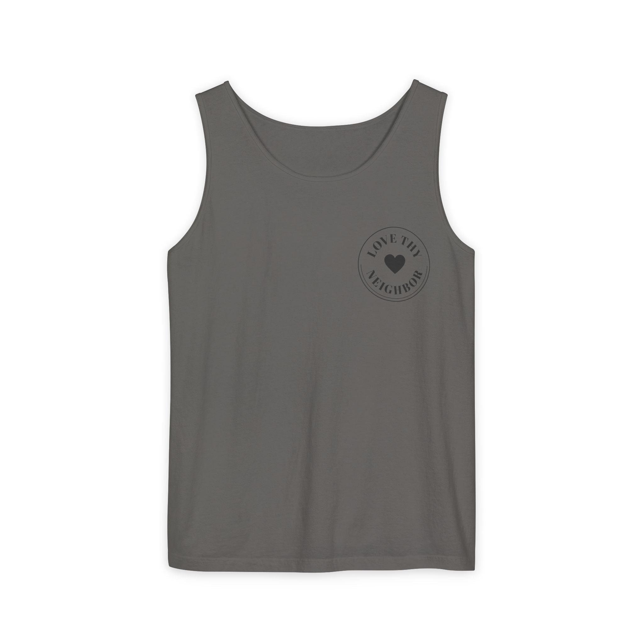 A dark gray sleeveless tank top with a small black circular graphic on the left chest containing a heart and the words 'LOVE thy neighbor', shown on a plain white background.
