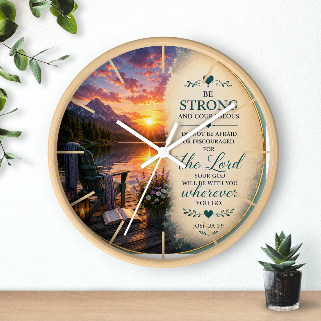 Inspirational Christian wall clock featuring a peaceful lakeside sunrise, mountain scenery, and Joshua 1:9 scripture encouraging strength and courage.