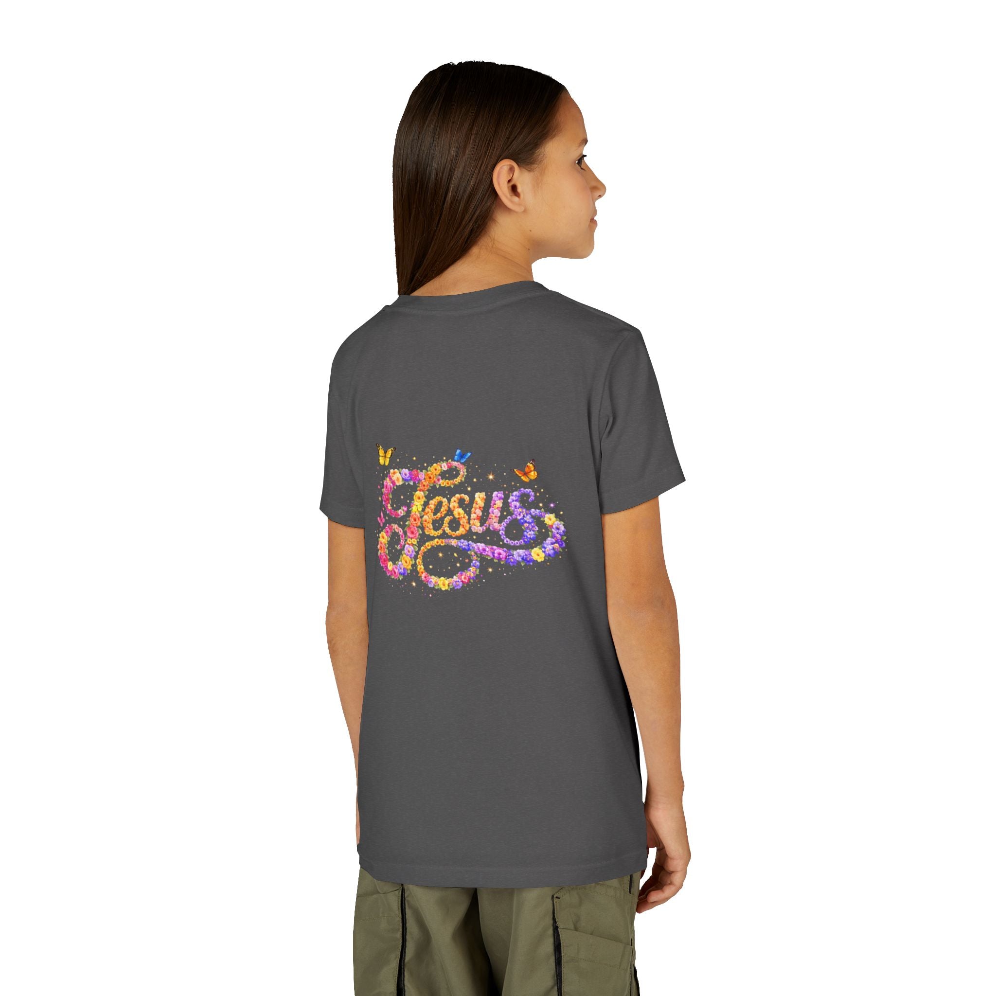 Youth Jesus Floral Script T-Shirt – Butterfly Christian Kids Tee | Faith Youth Shirt