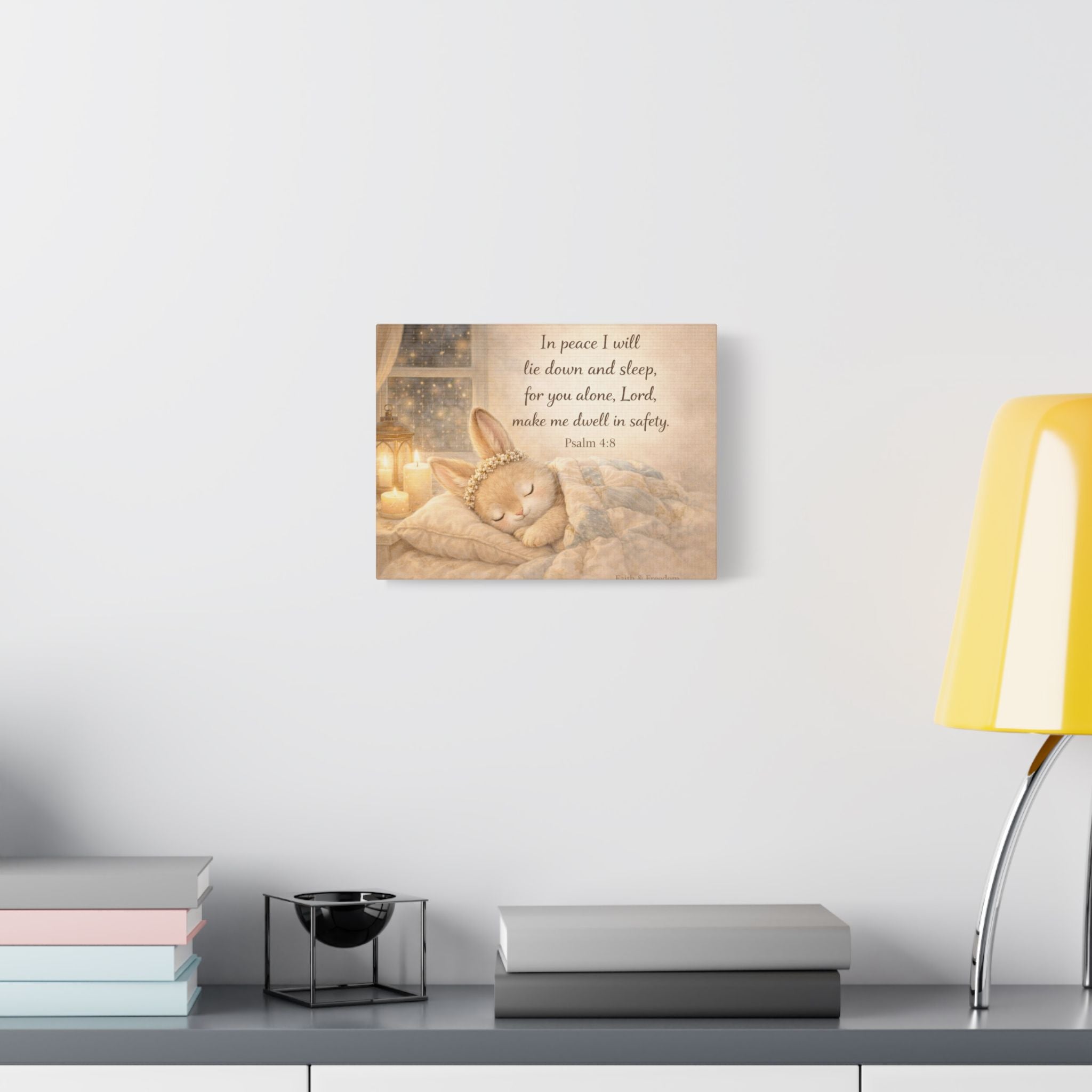 Sleeping Bunny Canvas — Psalm 4:8 Nursery Wall Art | Christian Baby Room Decor