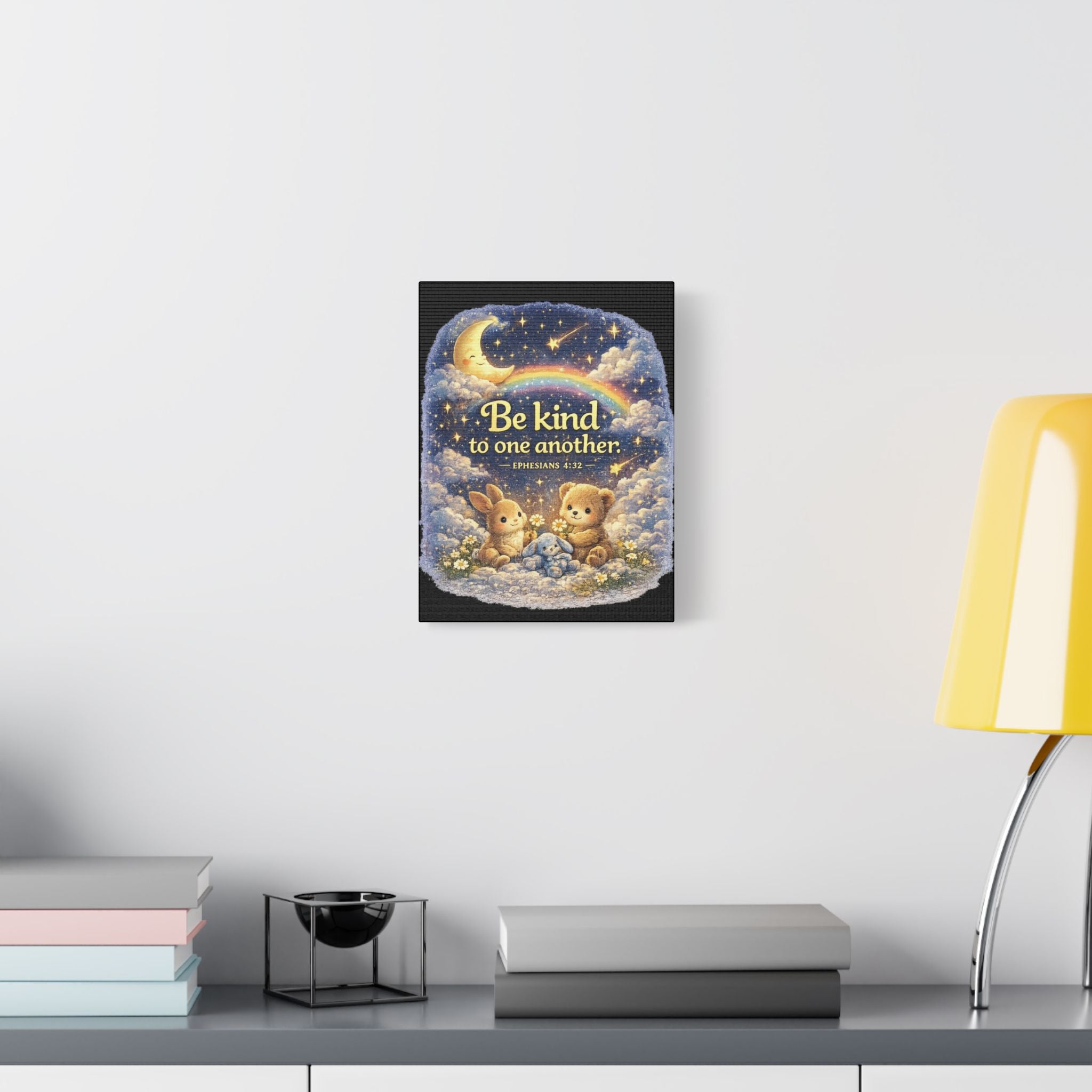 Be Kind to One Another Canvas — Bunny & Bear Nursery Wall Art (Ephesians 4:32)