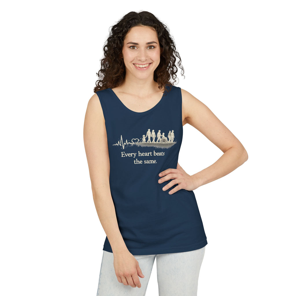 “Every Heart Beats the Same” Vintage Surf Tank Top – Garment-Dyed Coastal Unity Tank