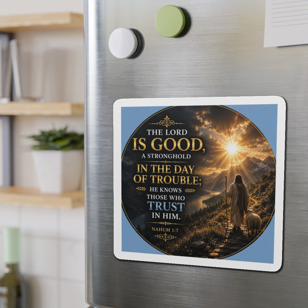 Fridge magnet with a religious quote and illustration on a metallic surface.
