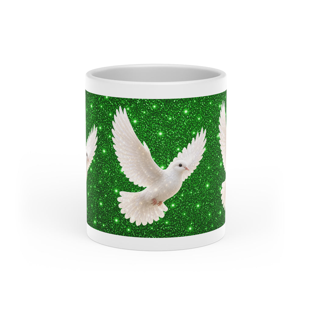 White ceramic heart-shaped handle mug featuring elegant white doves flying across a sparkling emerald green background with vibrant wraparound artwork.