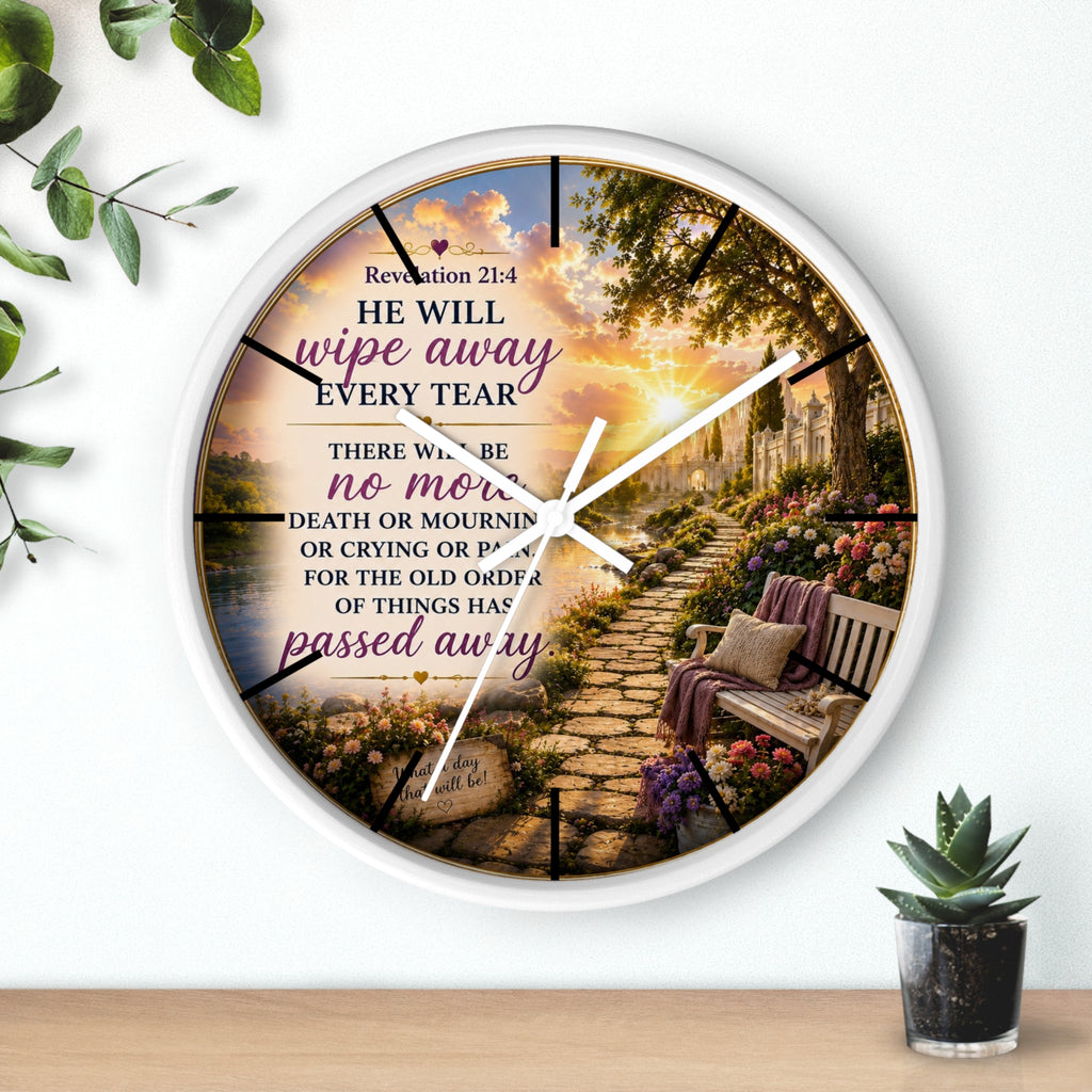 Inspirational Christian wall clock featuring a peaceful lakeside garden path, floral scenery, and Revelation 21:4 scripture in warm comforting tones.
