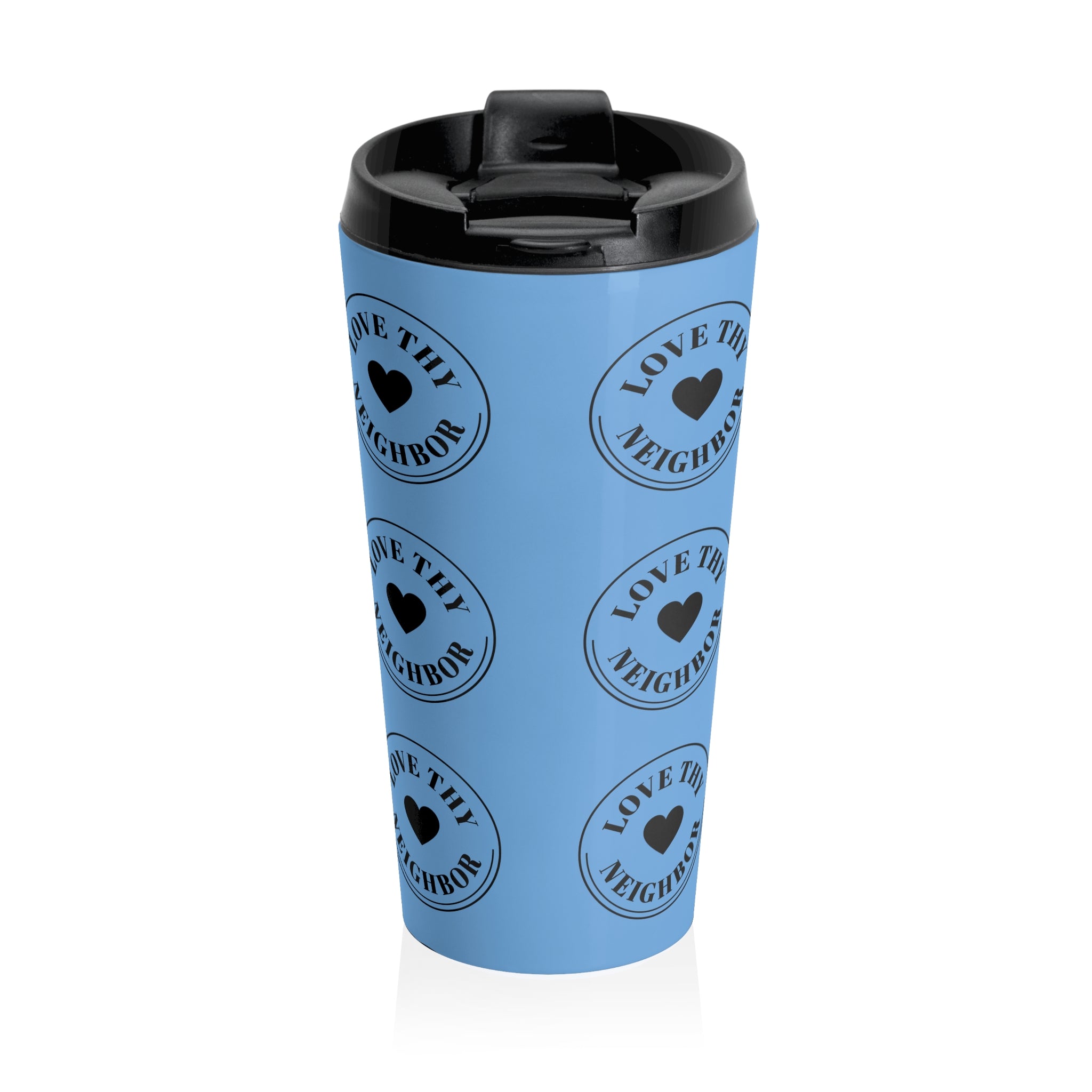 Blue insulated stainless steel travel mug featuring repeating "Love Thy Neighbor" heart emblems with a leak-resistant flip-top lid and 15 oz vacuum-insulated design.