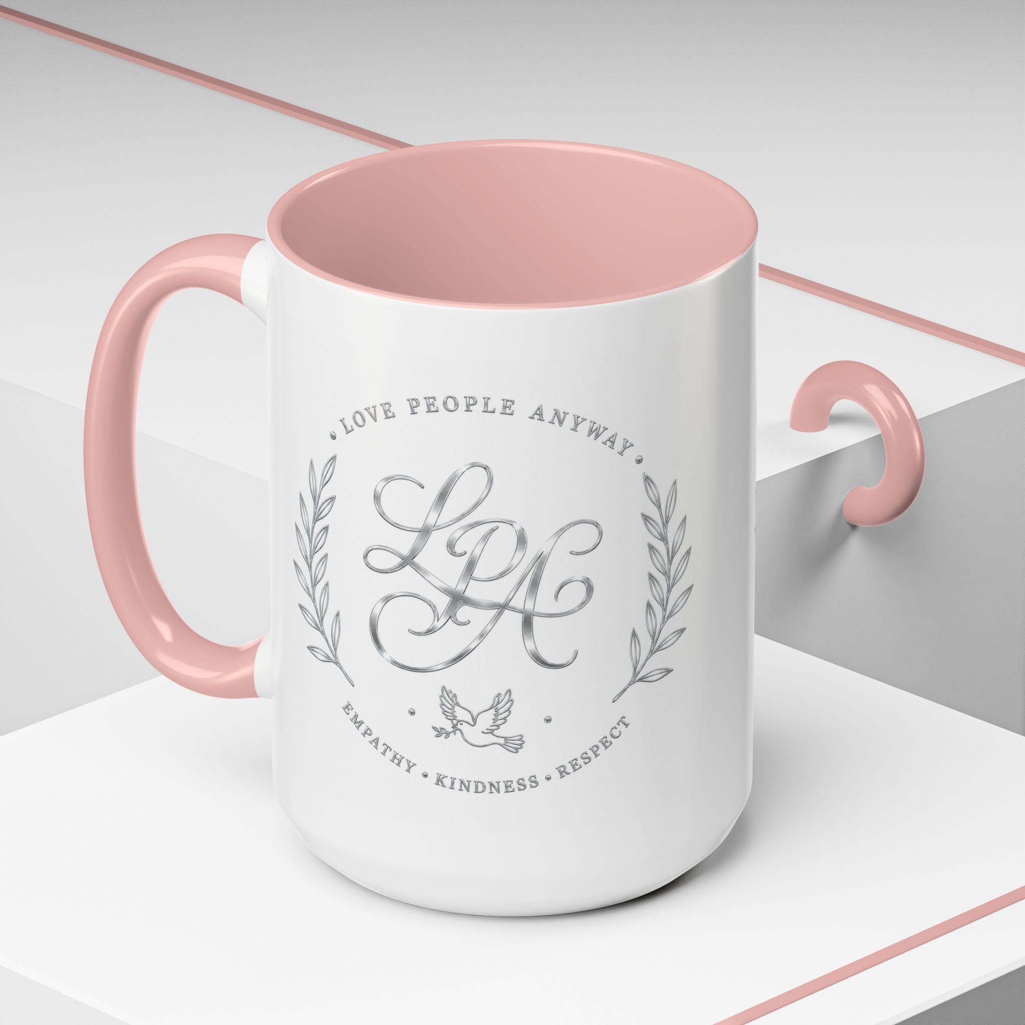 Love People Anyway Silver Accent Coffee Mug | Inspirational Monogram Mug | Faith Freedom Creations