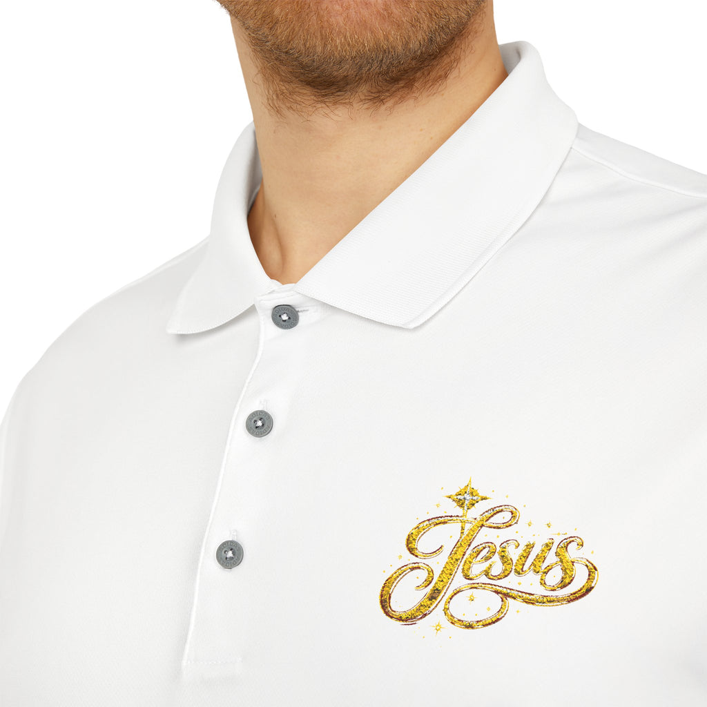 'Jesus' Script Embroidered Polo — Gold Faith Golf Shirt