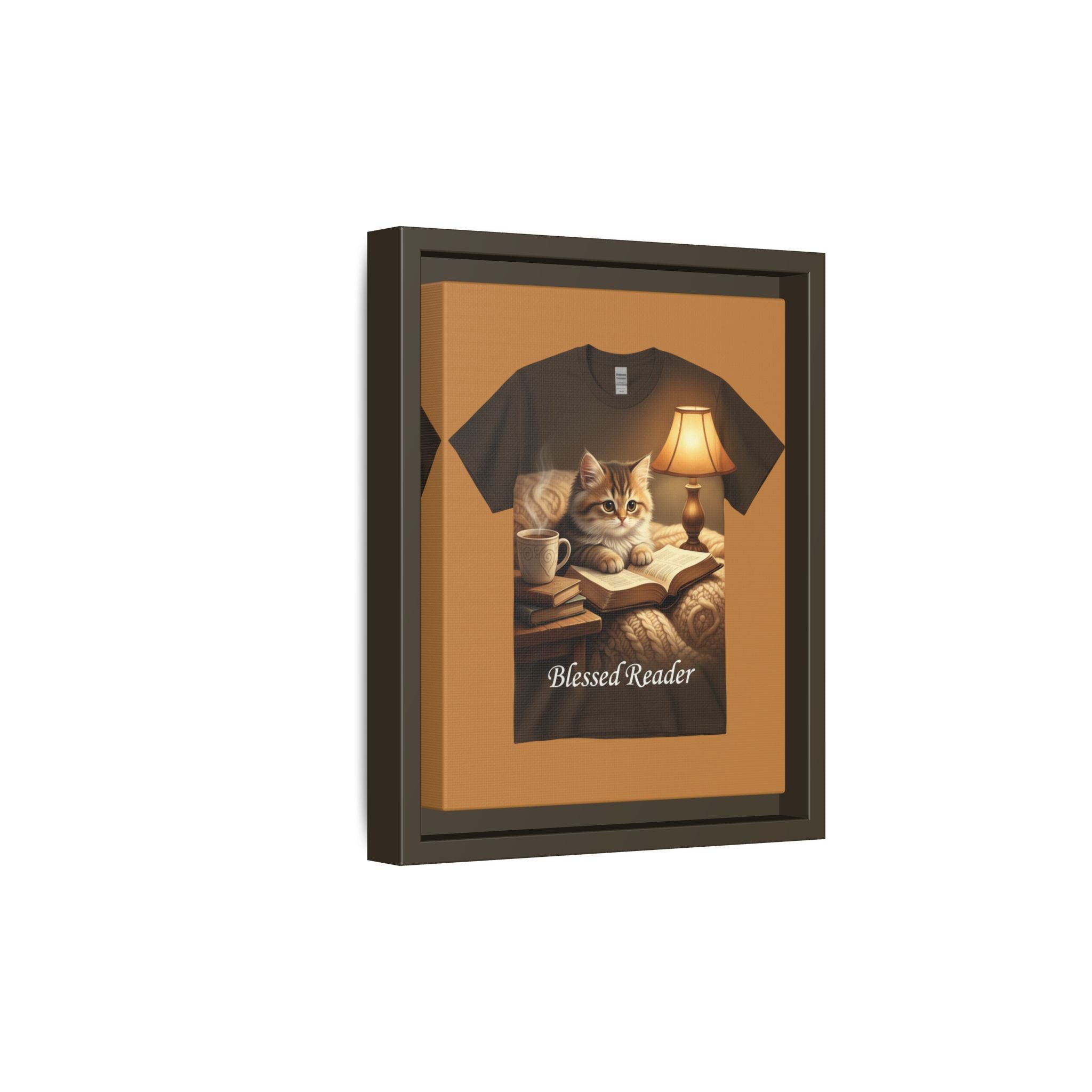 Blessed Reader Framed Canvas Print – Cozy Cat Reading Wall Art | Book Lover Cat Decor