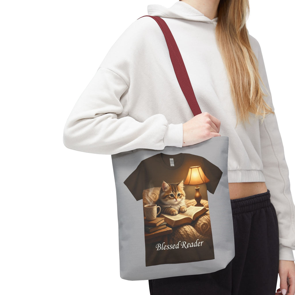 Blessed Reader Cat Tote Bag – Cozy Book Lover Library Tote | Cat & Books Gift Bag