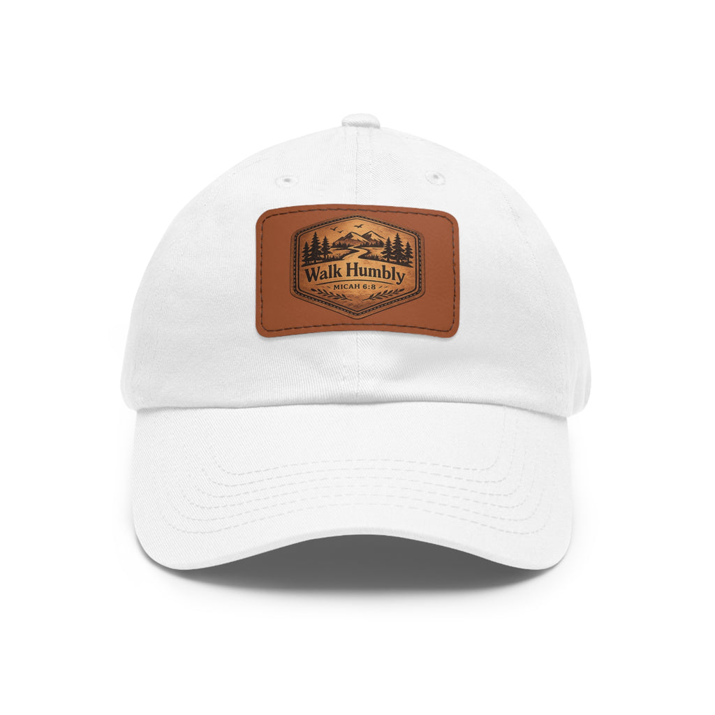 Vintage-inspired Christian dad hat featuring a faux leather “Walk Humbly” Micah 6:8 patch with rustic outdoor styling and antique brass buckle closure.