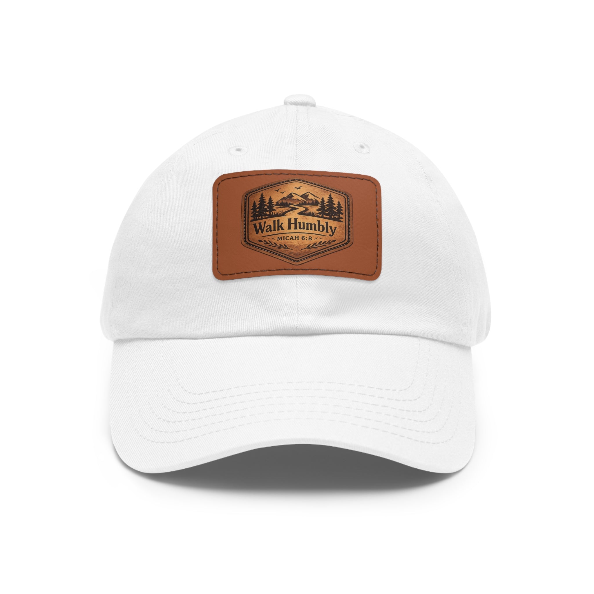 Vintage-inspired Christian dad hat featuring a faux leather “Walk Humbly” Micah 6:8 patch with rustic outdoor styling and antique brass buckle closure.