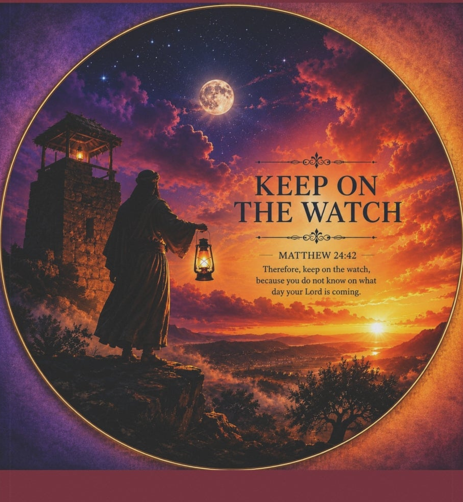 Inspirational Christian garden flag featuring a lantern-bearing watchman, lighthouse, glowing moon, and dramatic coastal sunset with the phrase “Keep On The Watch.”