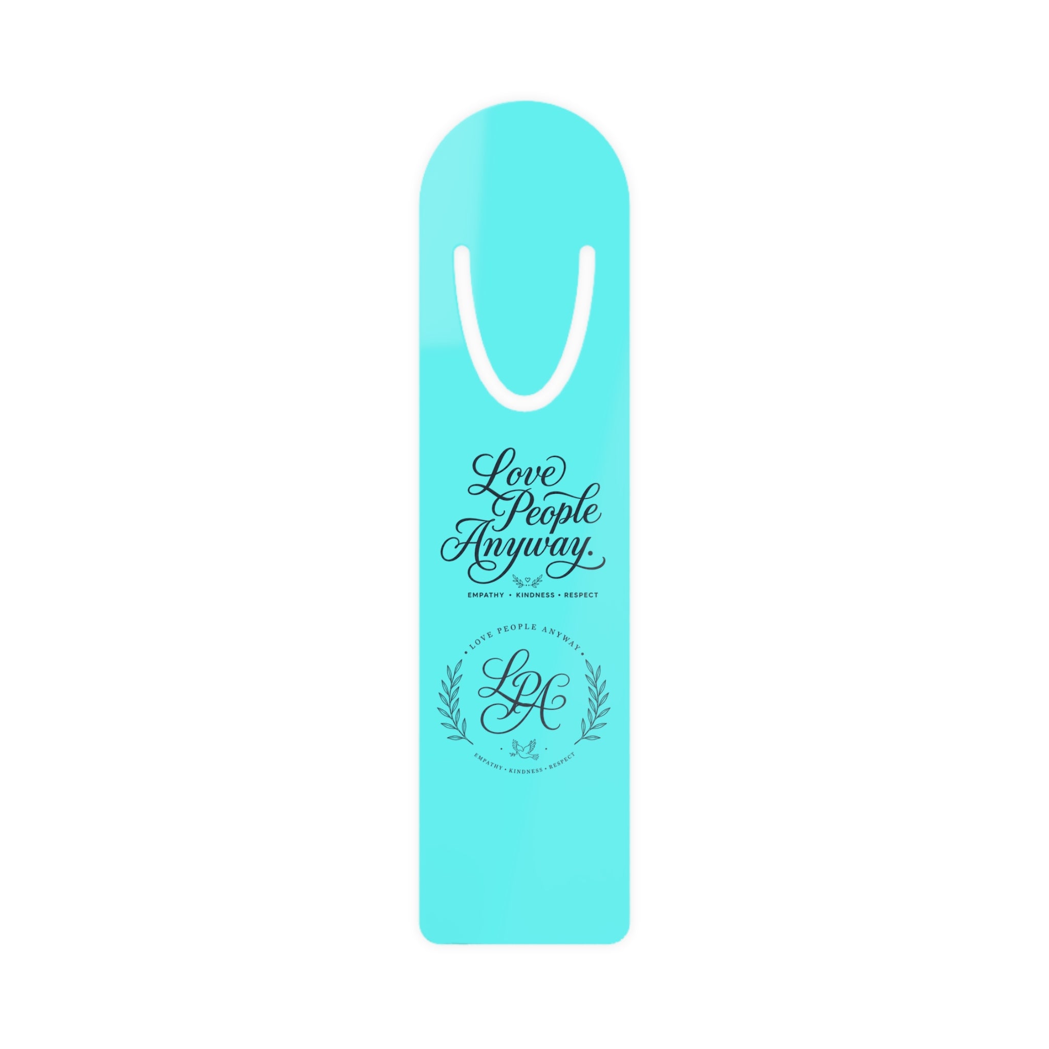 Elegant aluminum bookmark featuring a laurel wreath LGA monogram and “Love People Anyway” message with brushed metal backing and secure page-holding slot for books, journals, and devotionals.
