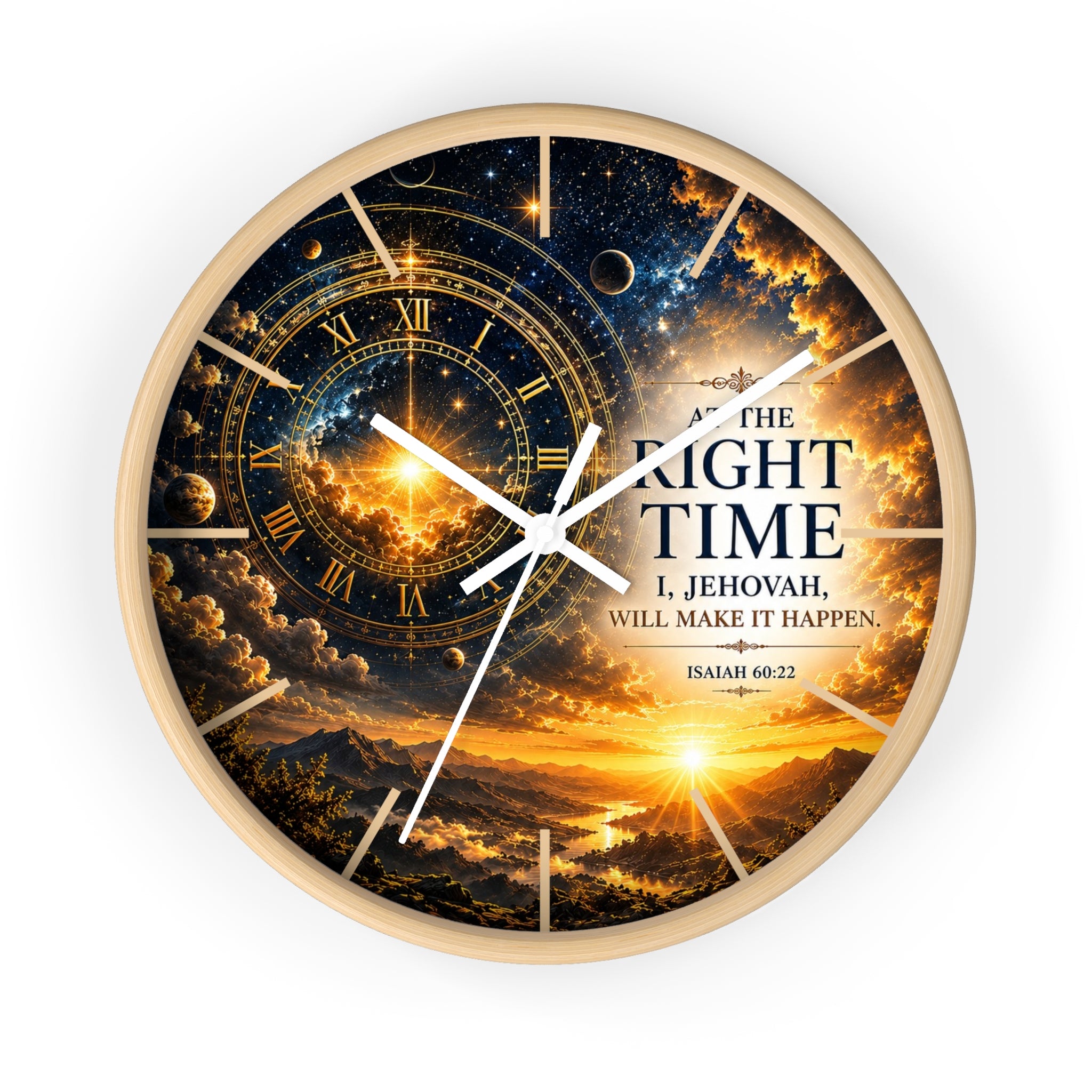 Inspirational Christian wall clock featuring celestial skies, glowing golden gears, and Isaiah 60:22 scripture with the phrase “The Right Time: I, Jehovah, Will Make It Happen.”