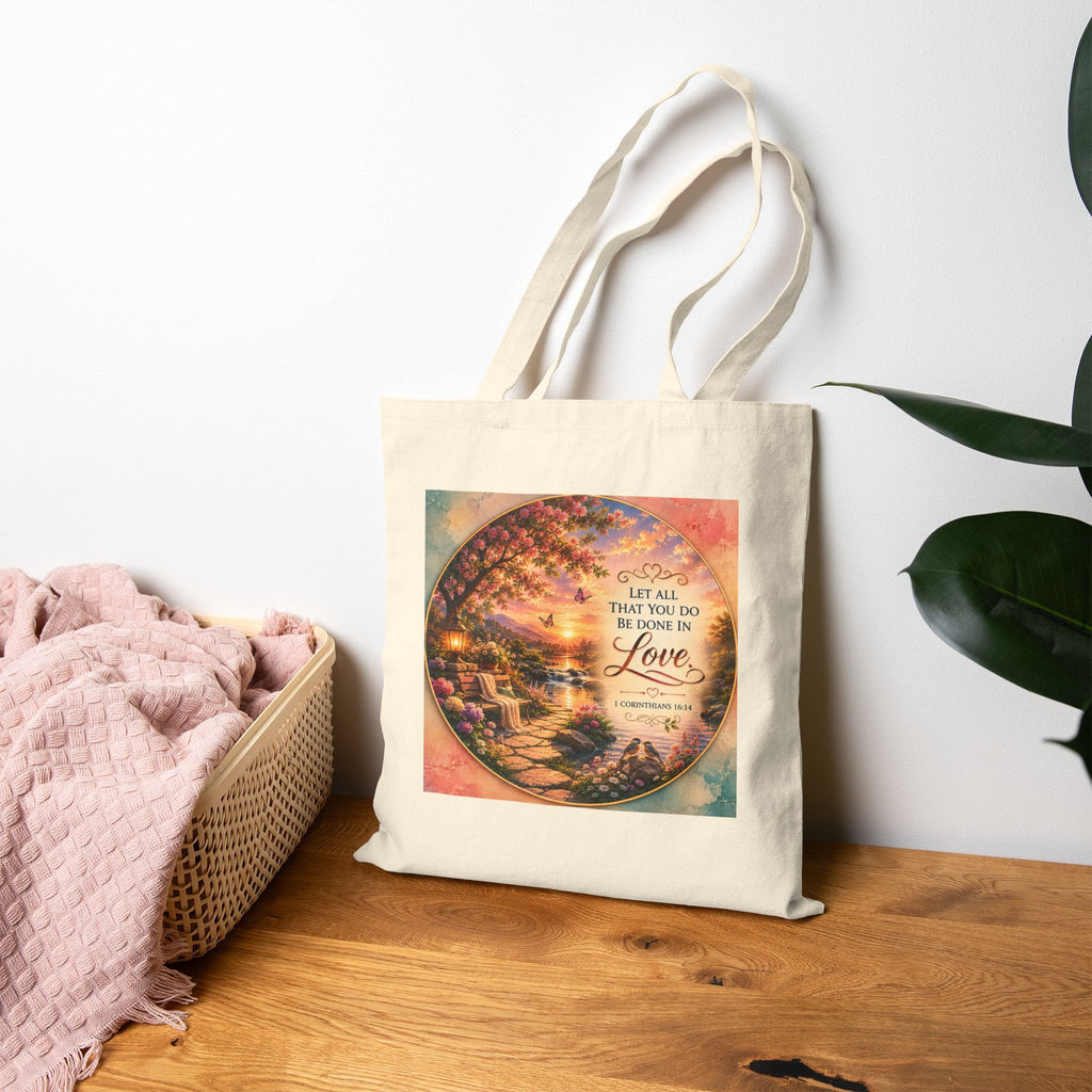 Christian cotton canvas tote bag featuring 1 Corinthians 16:14, “Let All That You Do Be Done in Love,” with a peaceful garden landscape, blooming flowers, butterflies, flowing river, lantern, birds, and sunset artwork.