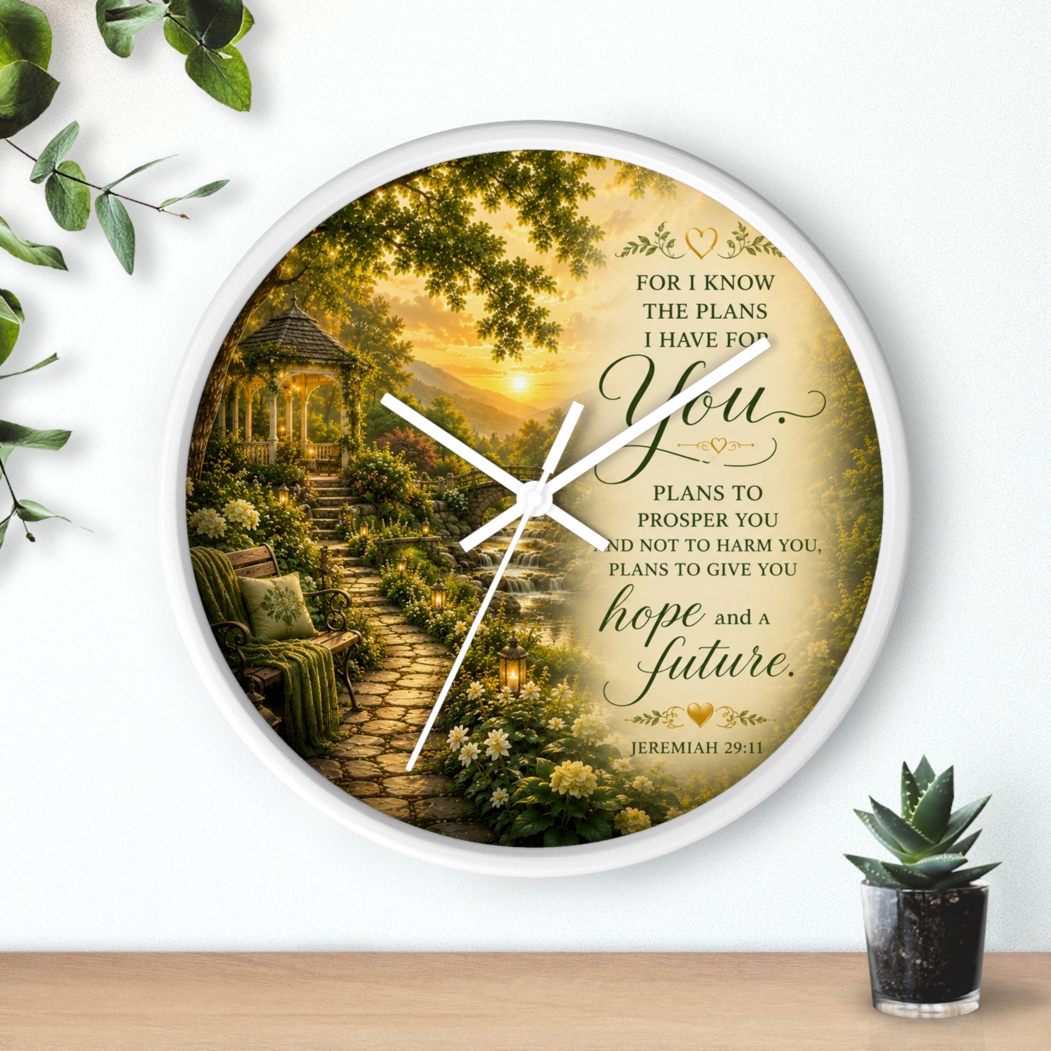 Inspirational Christian wall clock featuring a peaceful garden pathway, gazebo, and Jeremiah 29:11 scripture about hope and a future in warm sunset tones.