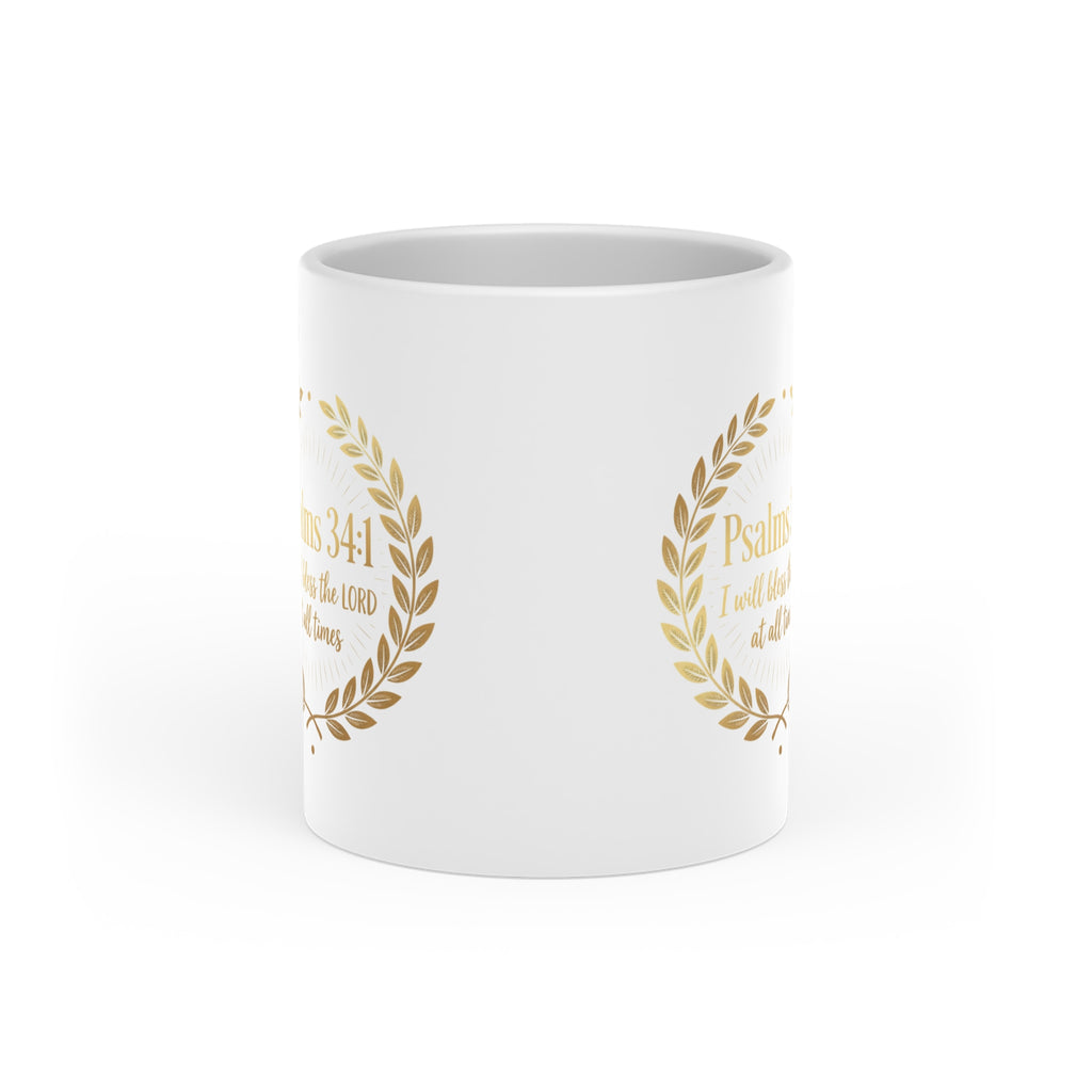 Faithful Blessings Heart Mug | Psalm 34:1 Christian Coffee Mug | Gold Laurel Ceramic Cup